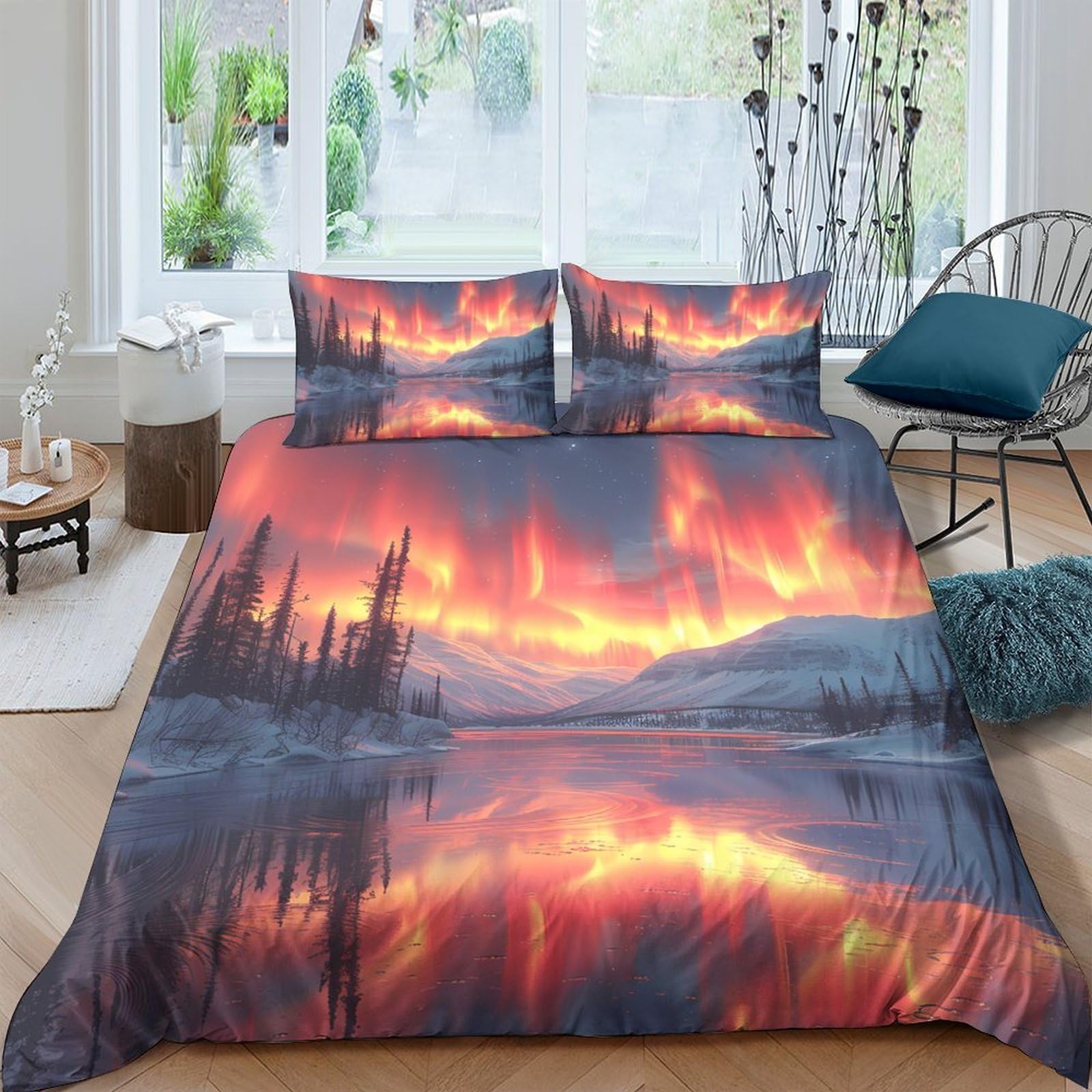 Ctjqhvkz Style-1 3D Printed Sunset Lake Fitted Sheet Microfiber Soft Decor Forest Fire Mattress Cover For Bedroom Guest Room Single（135X200cm）