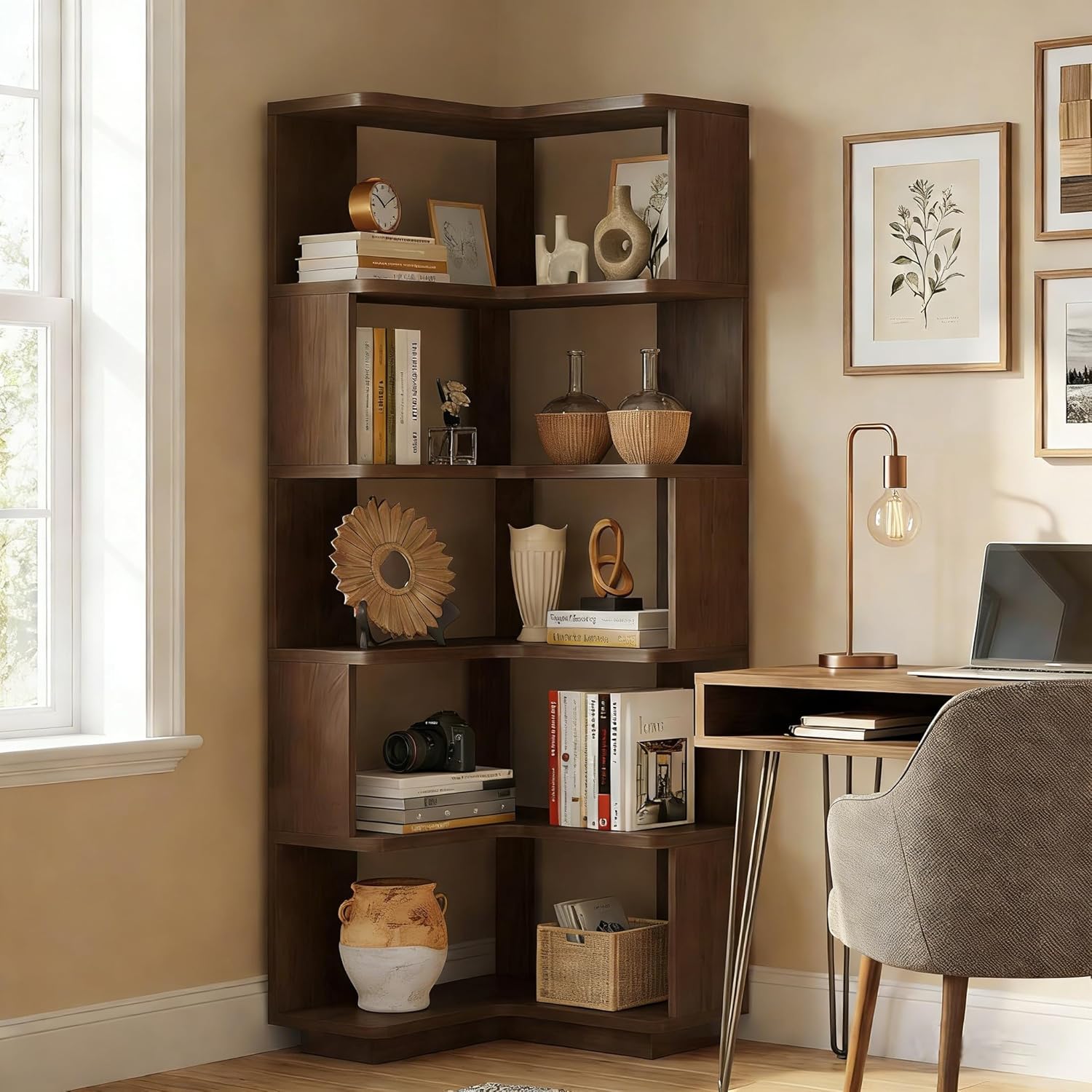 Wooden 5 Tier L-Shaped Corner Bookshelf - 65" Tall Solid Wood Corner Book Shelves for Space Saving, Bookcase Open Display Shelf with Baffle for Home Office, Living Room, Bedroom, Kitchen, Walnut