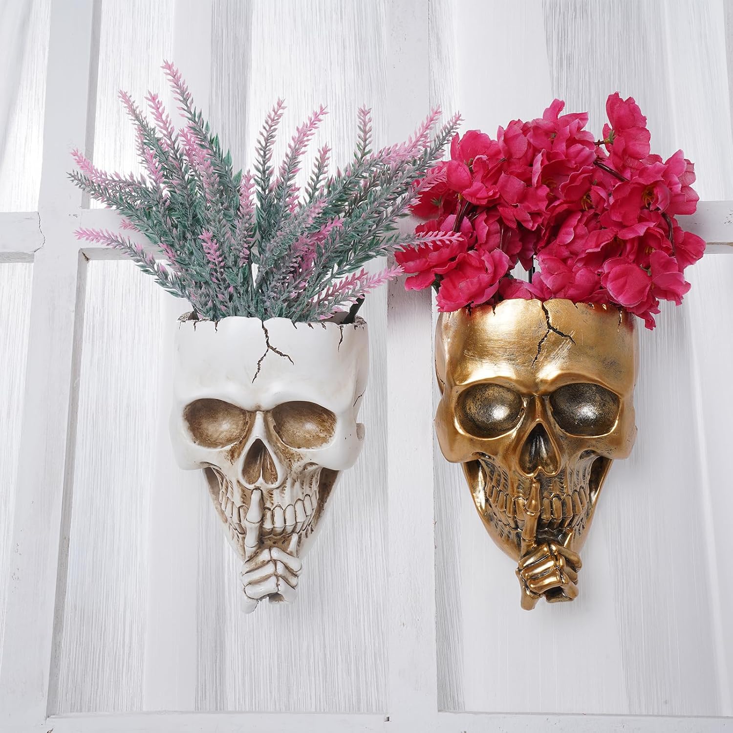 Skull Wall Planter,Skull Shaped Hanging Resin Planter Pot Home Decor Gift,Funny Design Flower Pot for Indoor Outdoor Plants,Skeleton Sculpture Decorations (White, Don't Speak)
