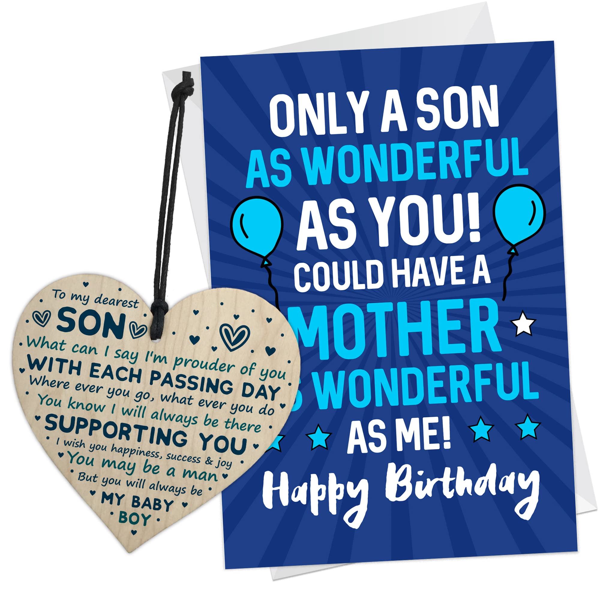 RED OCEAN Son Birthday Card And Wooden Heart Bundle - Birthday Card for Him - Funny Birthday Card For Son - Son Birthday Card From Mum And Dad