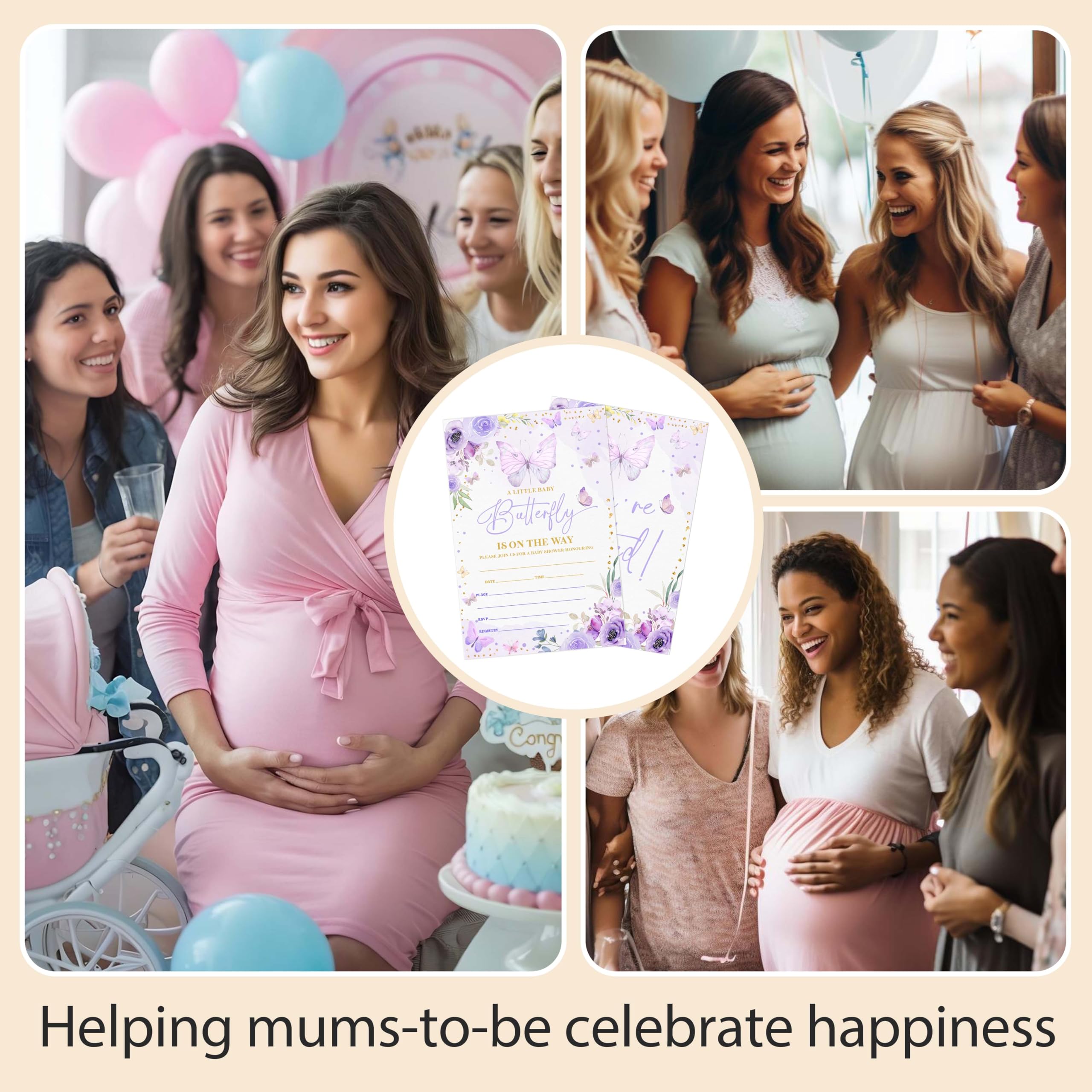 Zestaw 25 zaproszeń na baby shower, fioletowy motyl zaproszenia na przyjęcie z kopertami, kartki z prośbą o książkę, bilety na pieluchy na dekoracje imprezowe - A02