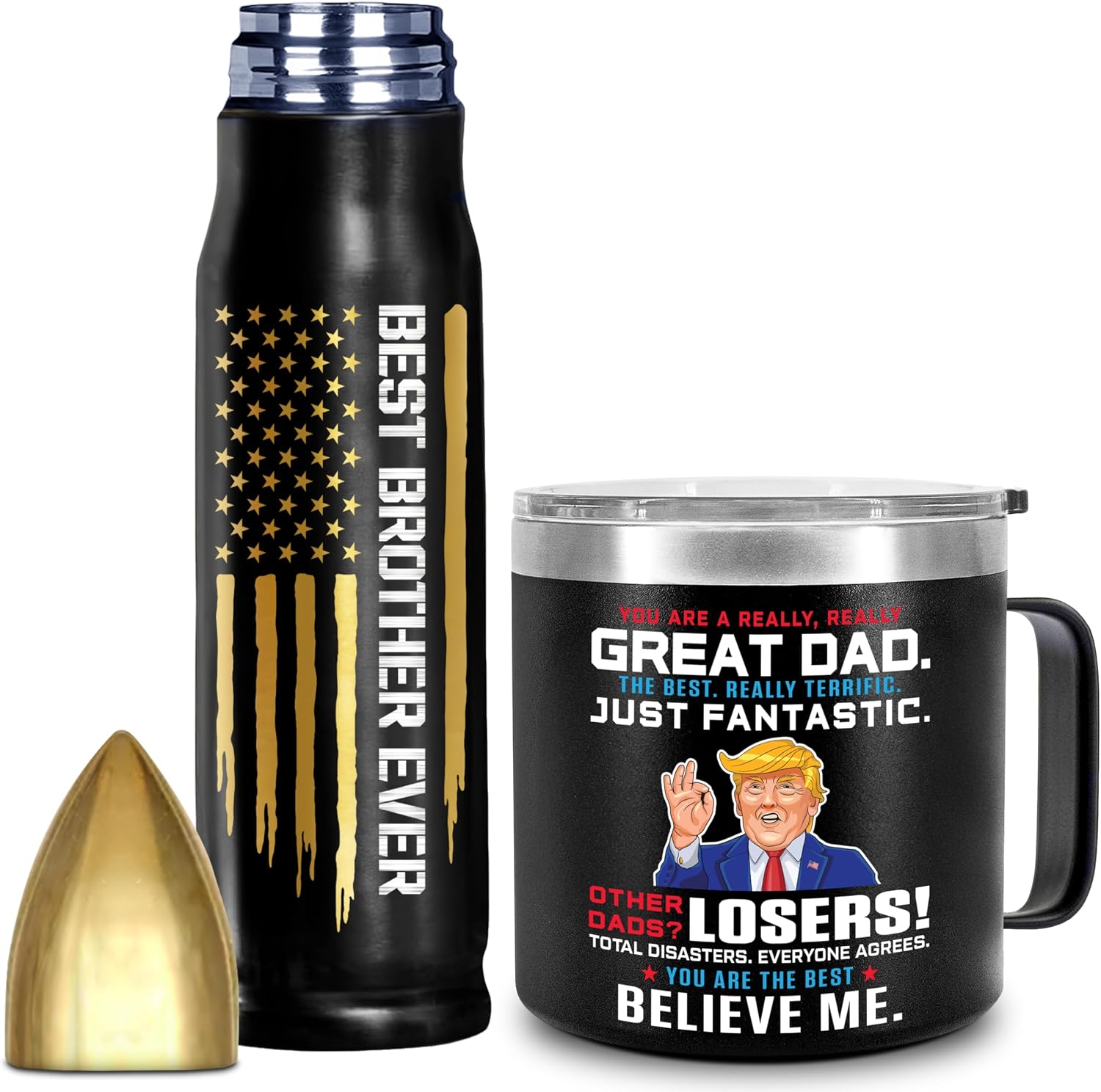 Bundle Gift for Brother and Dad, Birthday Present from Sister - Best Brother Ever Bullet Tumbler 17Oz, Matte Black Thermos Coffee Cup for Older Adult Bro, Funny Idea for Wedding or Graduation