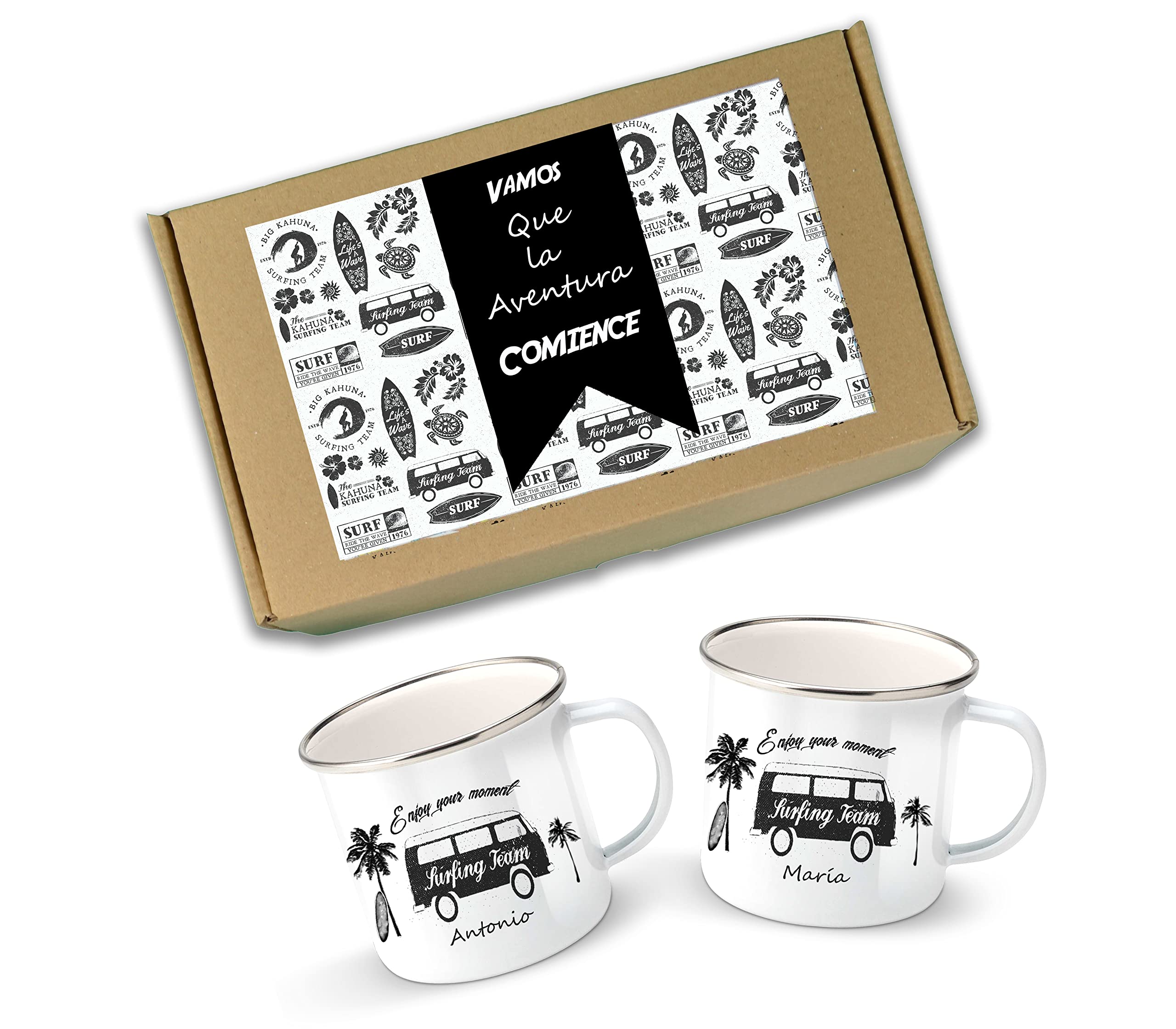 Taza de camping camper van personalizada, 2 tazas de metal para viaje de vacaciones en pareja (packvan1)