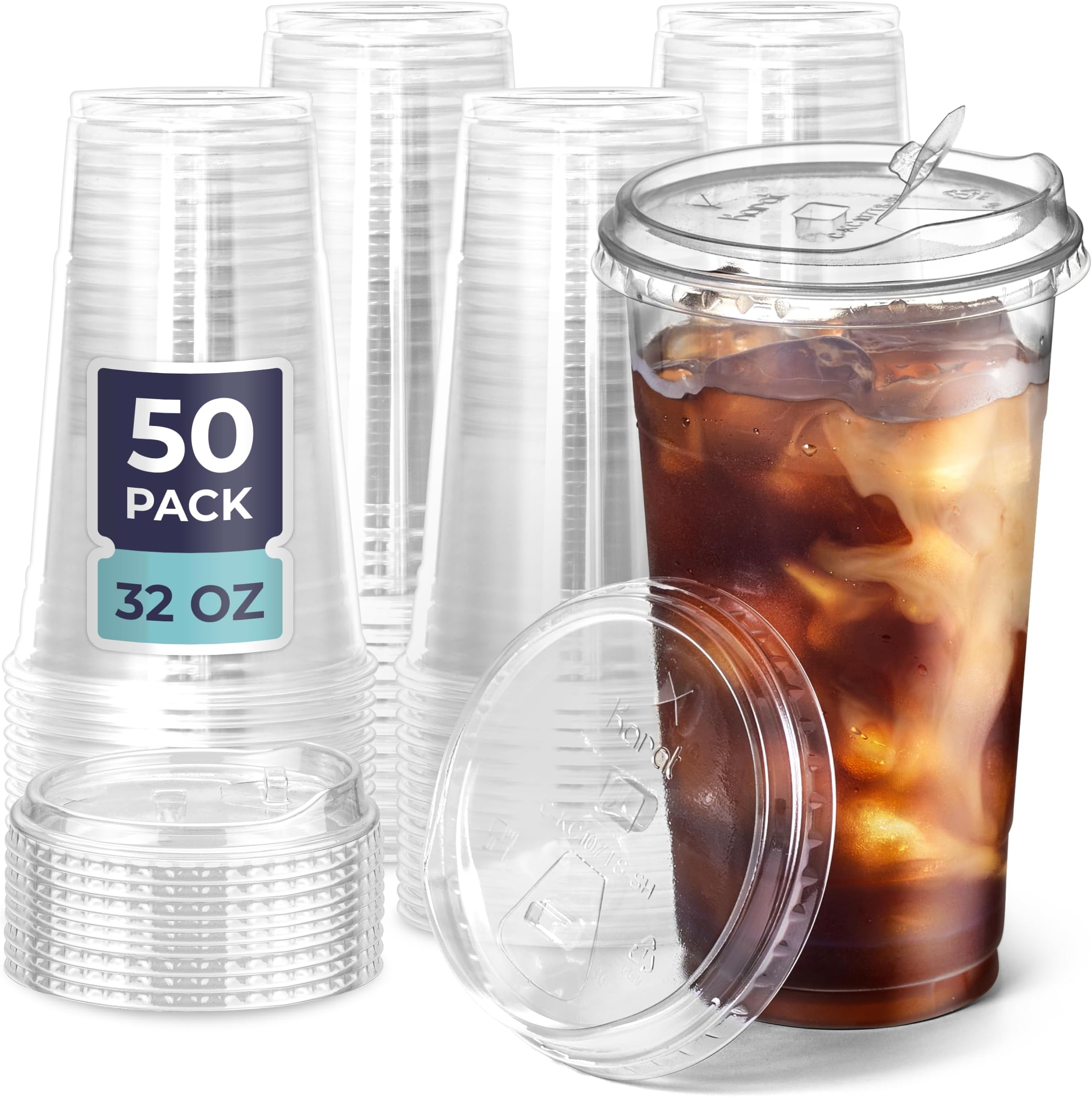 [50 Pack] Disposable Strawless Plastic Cups with Lids - 32 Oz Clear Plastic Cups and Sippy Cups Lids, Perfect Eco-Friendly To Go Cups for Iced Coffee, Smoothies, Soda Party Drinks, and Cafe Essentials