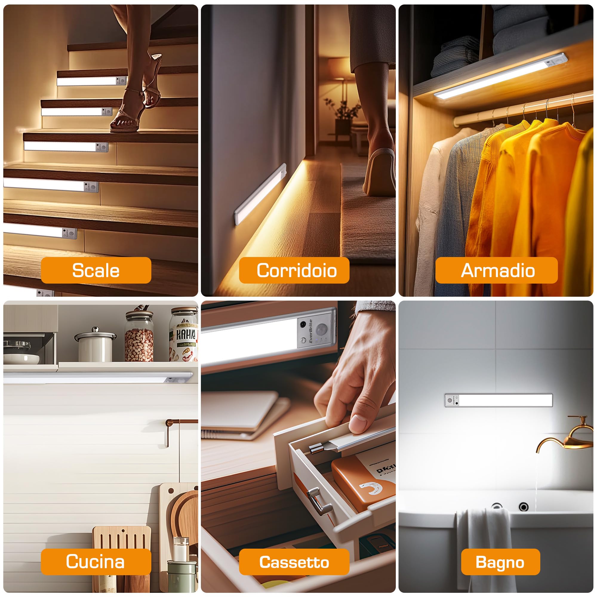 EverBrite Luce LED 2 Pezzi con Sensore di Movimento, Ricaricabile | con Telecomando 78 LED, 3 Modalità, Batteria 2200mAh, Luce Regolabile 3000K/4000K/6500K, per Armadio, Scala, Cucina