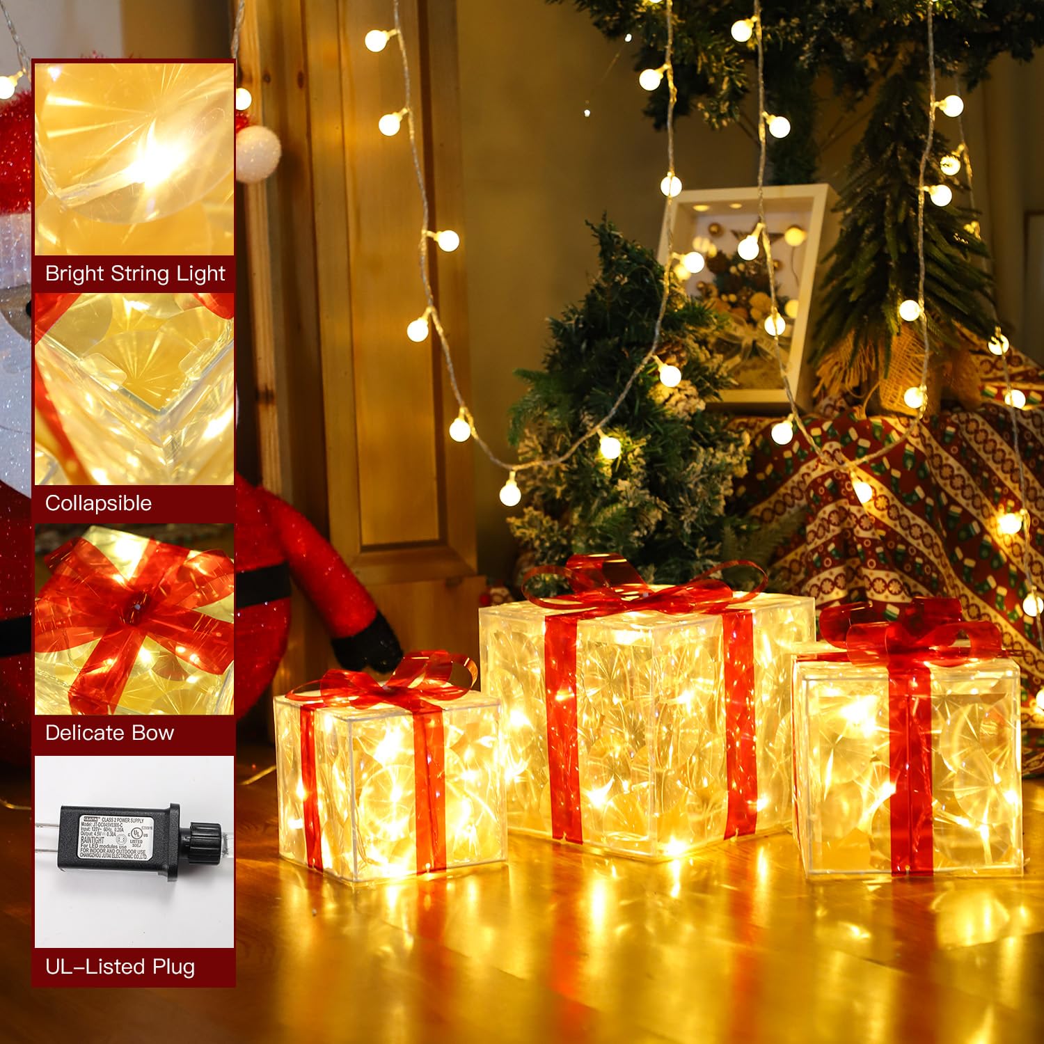 Cajas de regalo iluminadas de Navidad, juego de 3, regalos de oropel preiluminados con lazo, adorno de falda de árbol de Navidad iluminado, interior y exterior, enchufable (blanco cálido)