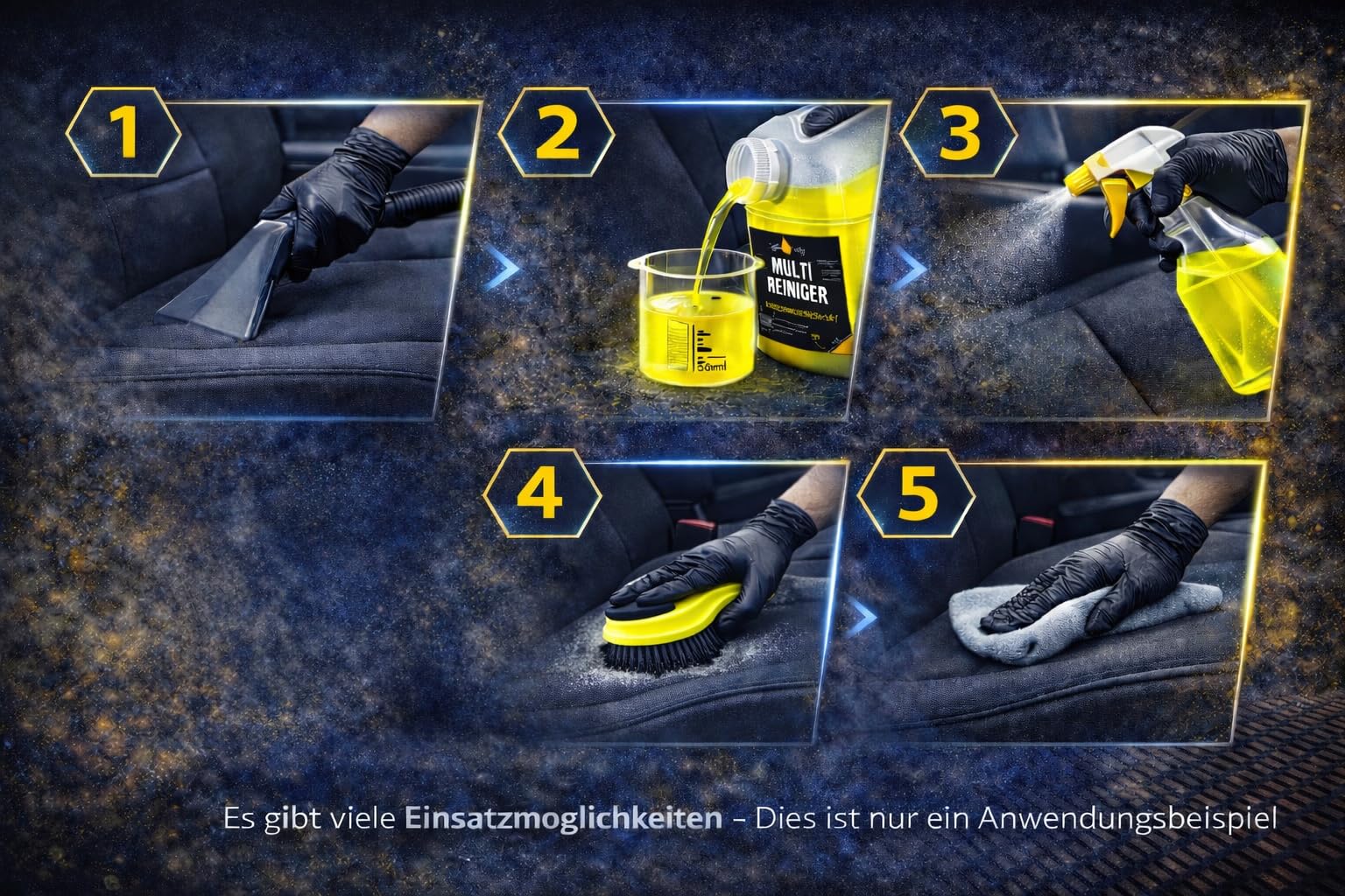 Liquid Outlet Multireiniger 4x 5L – Polsterreiniger Auto & Teppichreiniger – Kunststoffreiniger, Fleckenentferner & Autoinnenreiniger – Für Nasssauger & Blowguns geeignet – Made in Germany
