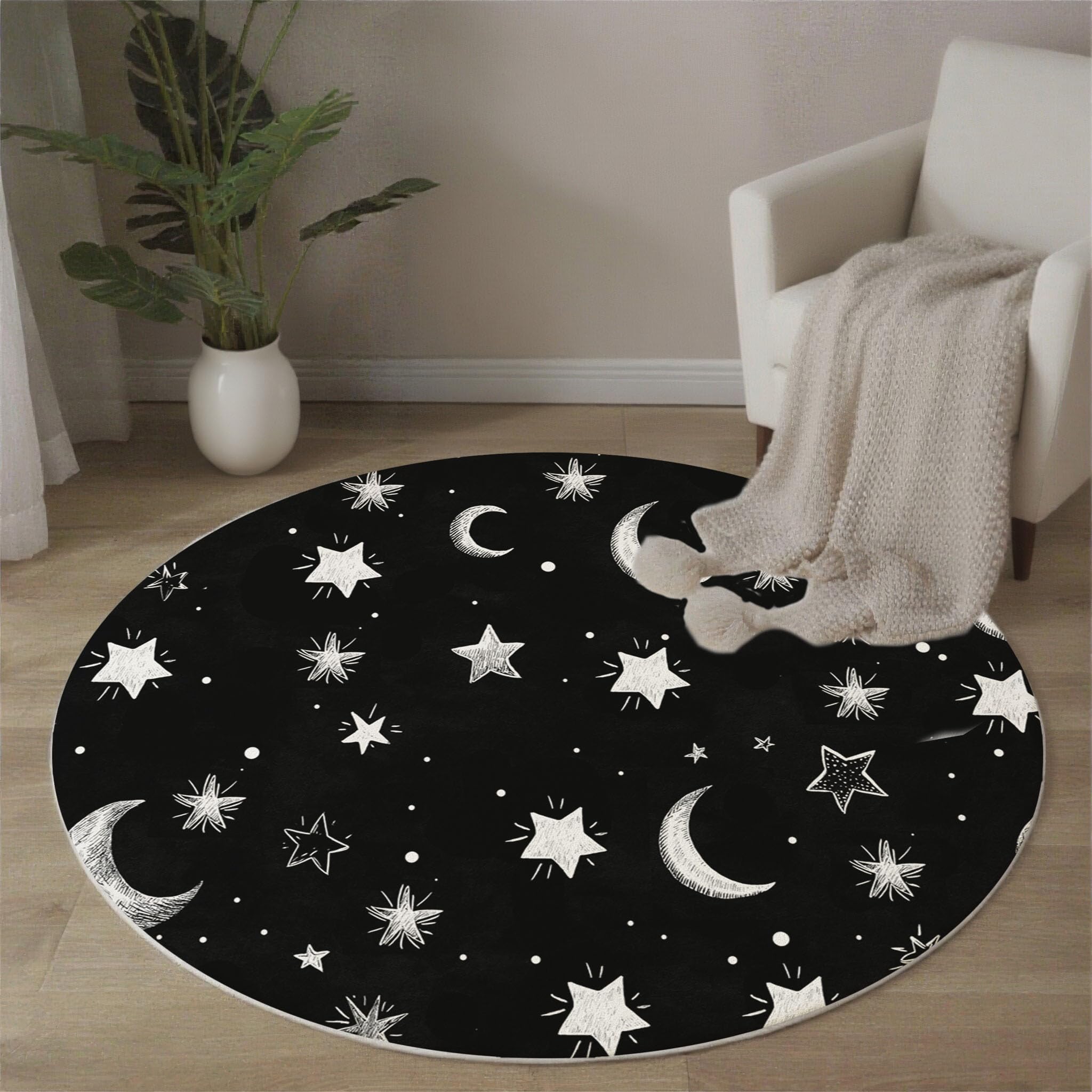 Graffitis pour Enfants Tapis Rond 200cm Lavable en Machine Antidérapant Étoiles Et Lune Ronde Carpet Descente de Lit Doux Poil Ras Carpette pour Salon Salle a Manger Bureau, Noir Et Blanc