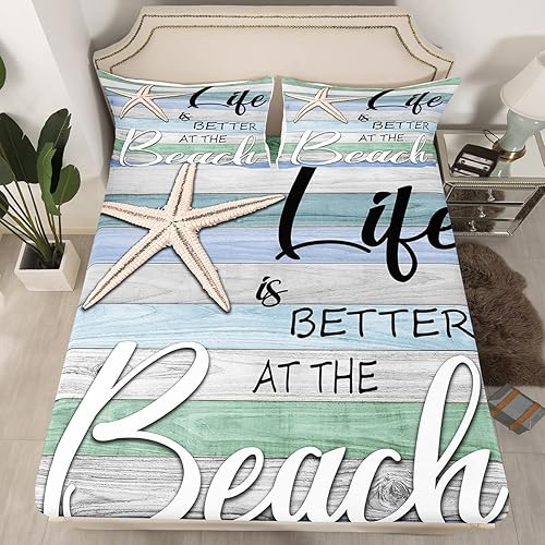 Erosebridal Juego de sábanas con temática de playa, bonito juego de sábanas bajeras con diseño de estrella de mar, diseño de mar y océano,