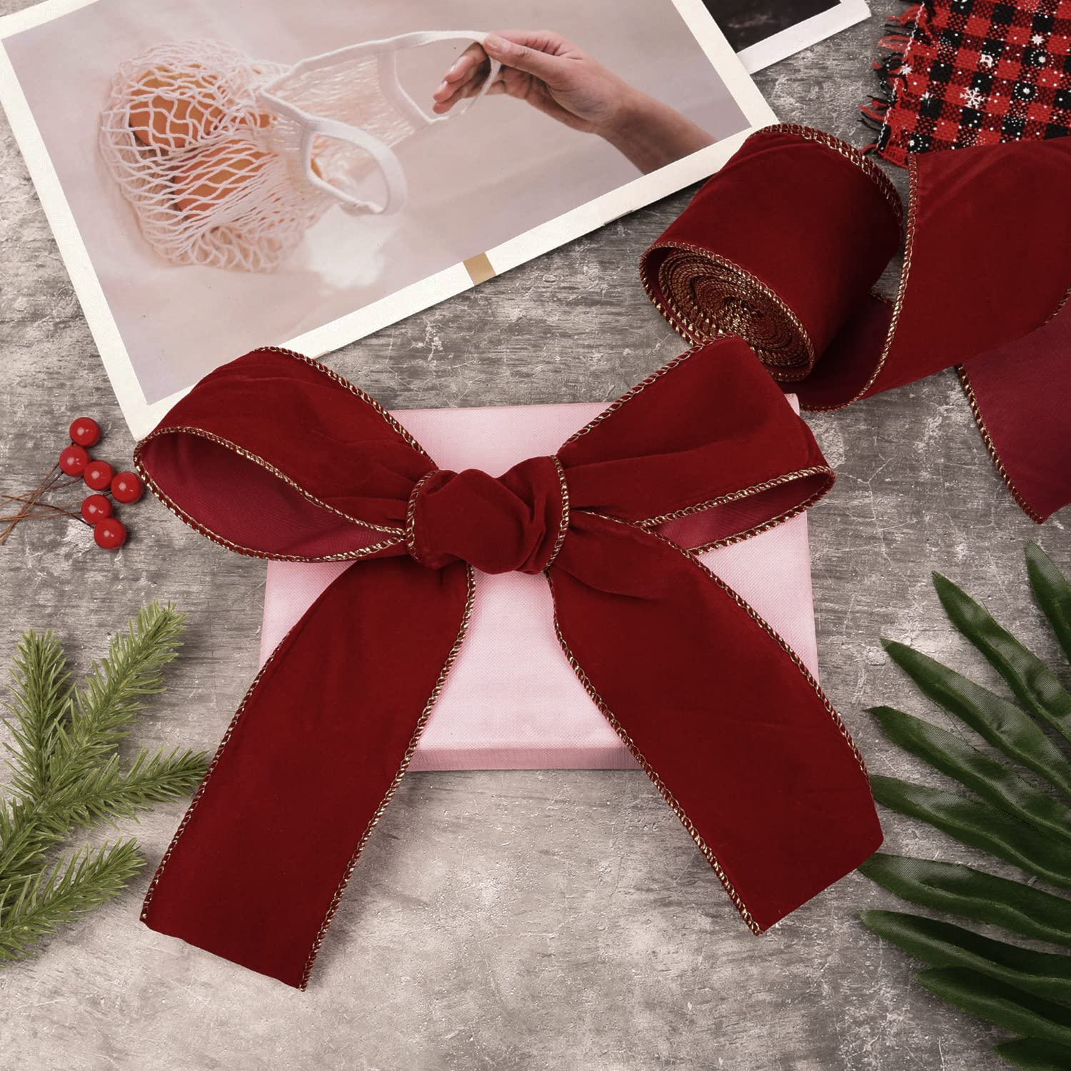 NAUZE 2 Rolls 2.5 Inch x 6 M Christmas Velvet Ribbon Wired Edge Velvet Ribbon for Gift Wrapping DIY Crafts Bow Making(Wine red) - Image 3