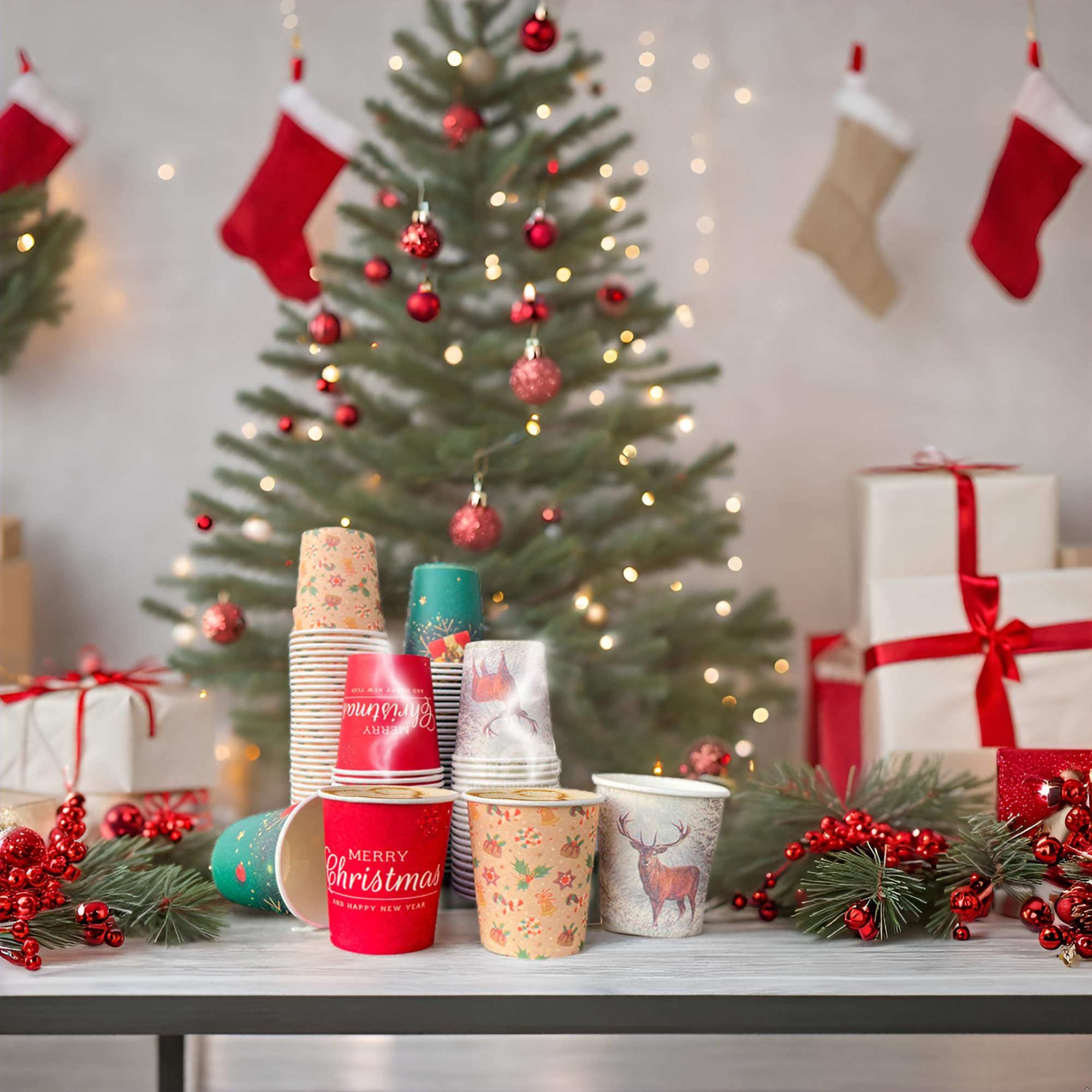 2000 Bicchieri d' Acqua in Carta Natalizi 180 ml, Biodegradabili Biocompostabili, Usa e Getta, 4 Colorazioni, Ideale per Casa, Ufficio, Asporto Bevande Calde Natale