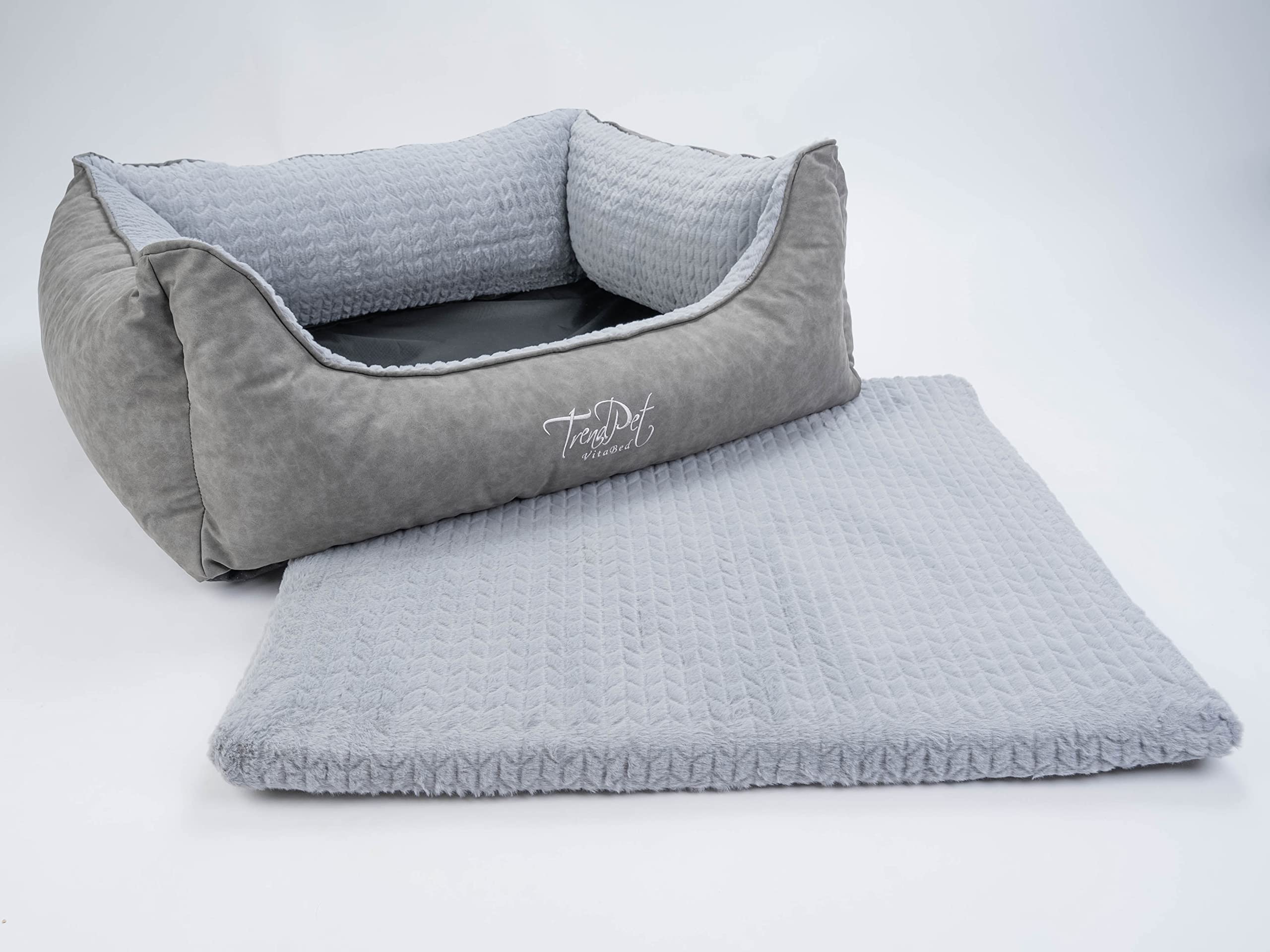 TrendPet VitaBed Style - Orthopädisches Hundebett, außen Kunstleder innen flauschig (100x90cm, Grau)