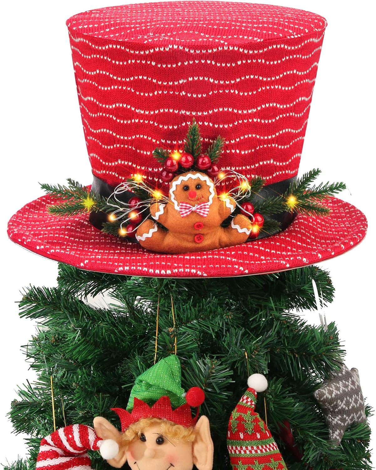 Christmas Tree Topper, Lighted Stripes Top Hat Ornament with Gingerbread Man for X'Mas/Holiday/Winter Wonderland Party Decoration Supplies