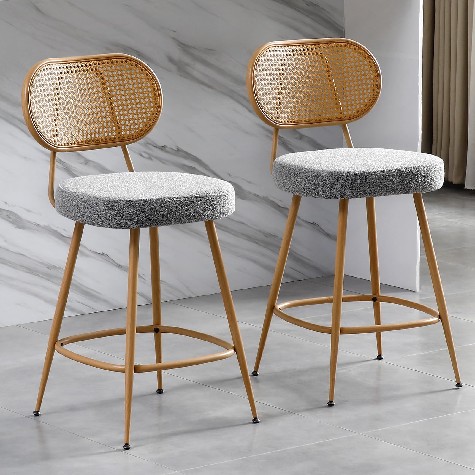 BERYTH 26" Rattan Barstools Set of 2, Counter Height Bar Chair with Wooden Metal Legs, Modern Armless Sherpa Pub Chair, Adjustable Feetpads Stools for