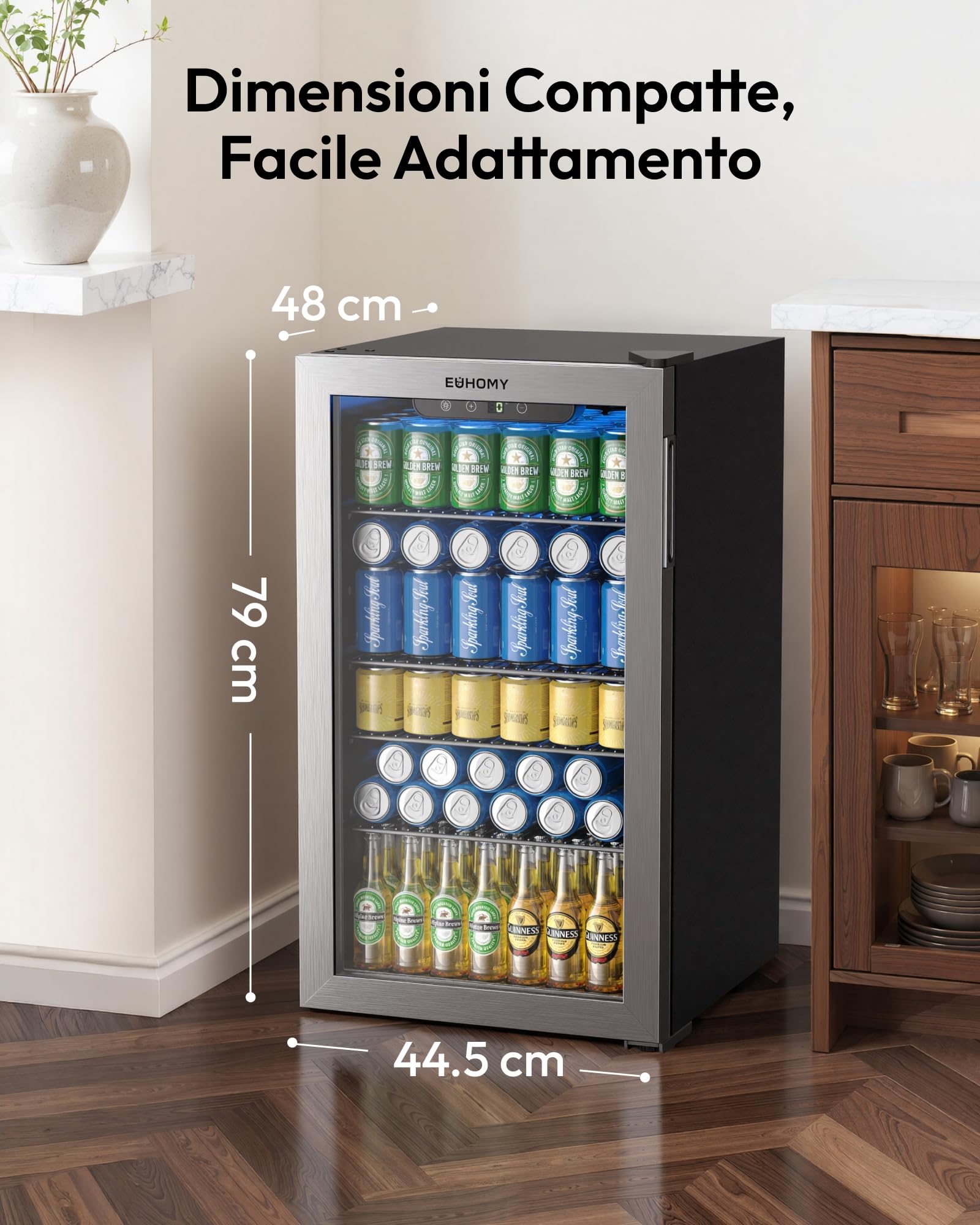 EUHOMY Frigorifero per bevande, mini frigo per 126 lattine con porta in vetro, piccolo frigorifero con ripiani regolabili per limonata, birra o vino, perfetto per casa/bar, ufficio, argento, acciaio