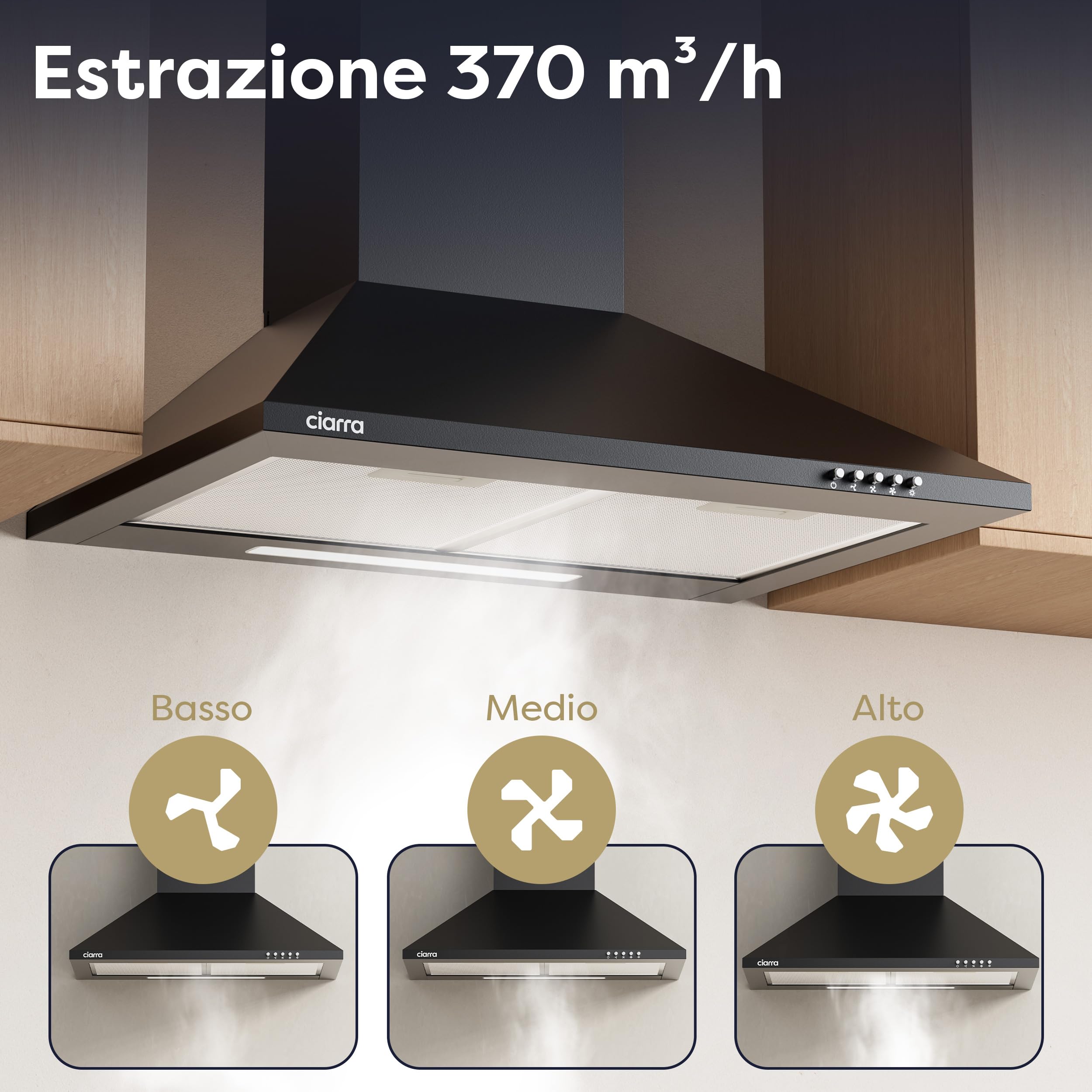 CIARRA CBCB6201 Cappa Aspirante Cucina 60 cm Classe A++ - Design Nero, 370 m³/h, 3 Livelli di Potenza, Montaggio a Parete con Filtro Carbone CBCF002X2