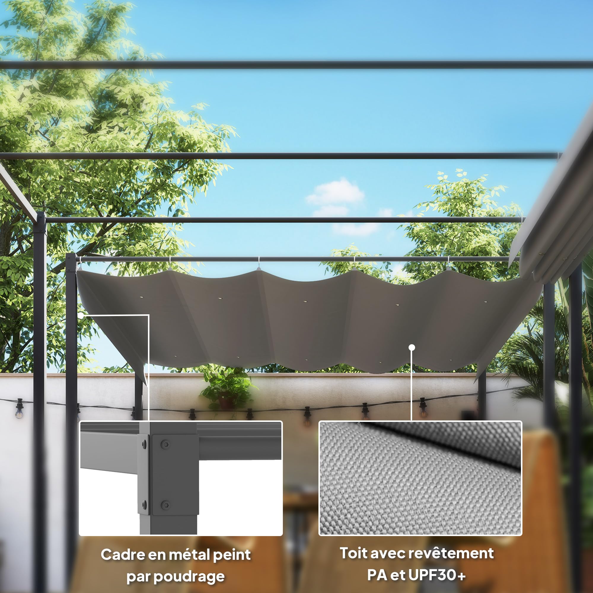 Outsunny Pergola Rétractable Coulissante 3 x 3 m, tonnelle de Jardin à Fixation magnétique Tissu Polyester Haute densité 180g/m² résistant aux UV, pour patios, Jardin, terrasse, arrière-Cours, Gris