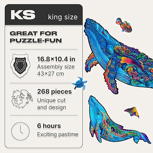 Miniatura 2 de UNIDRAGON Rompecabezas de madera originales, ballenas lechosas, 268 piezas, tamaño King de 16.8 x 10.4 pulgadas, hermoso paquete de regalo, forma