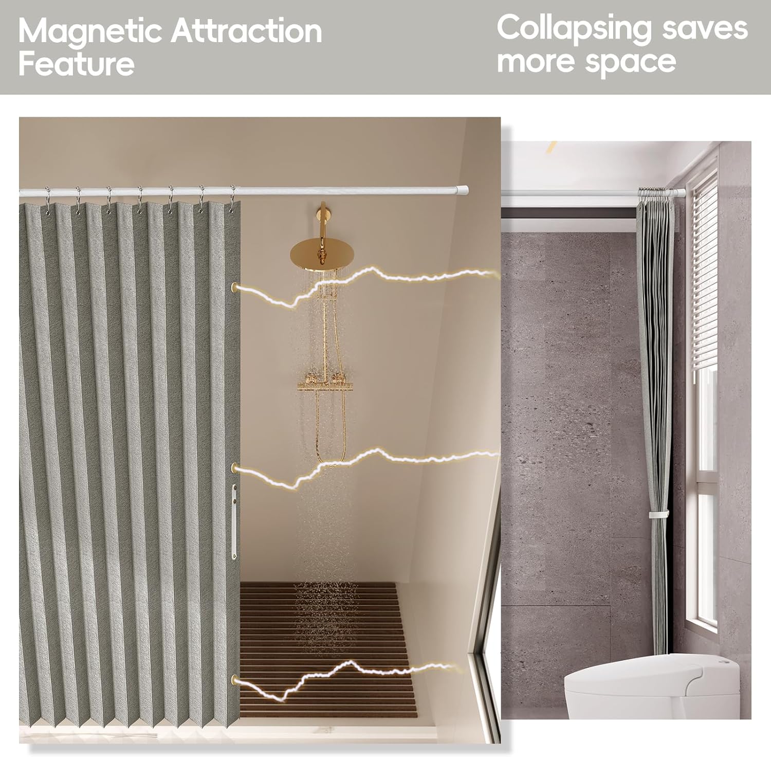 AJAZZ Magnetic Folding Shower Curtains Acordion Shower Curtain Fabric Polyester Waterproof Shower Curtains Suitable for Family Hotel Homestay Bathroom (Grey,77" W x 72" L) 1 Panel