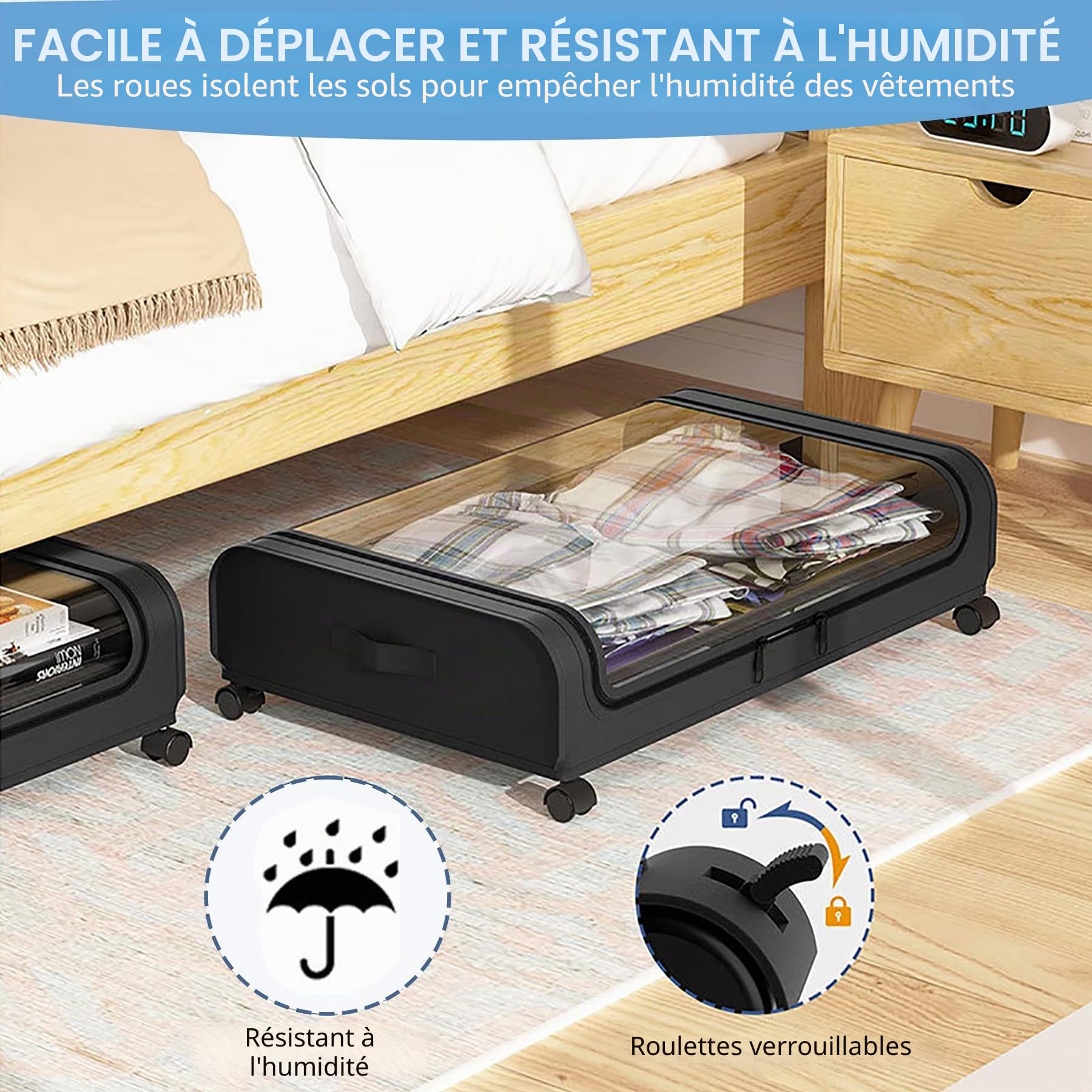 2 Pcs Rangement Sous Lit Boite Housse Sac Rangement Vetement avec Roulette et Couvercle Cadre métallique Placard Tiroir Organisateur Bac Chambre Drap Caisse pour Vêtements Jouets Livres Chaussure,Noir