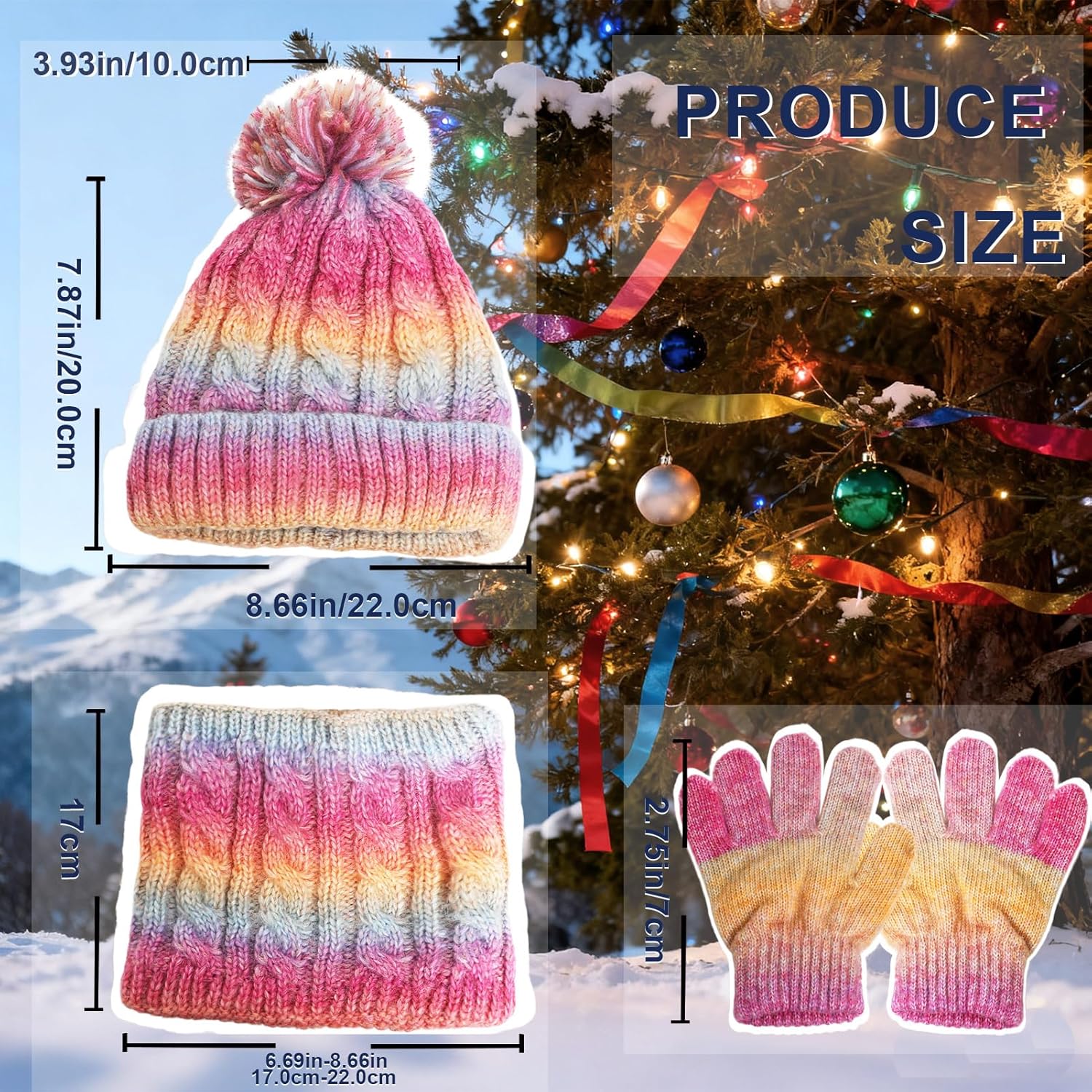 Girls Winter Hat Scarf Gloves Set, Warm Fleeve Rainbow Color Beanie Knit Scarf Mittens Kids Children Christmas Gifts - Image 6