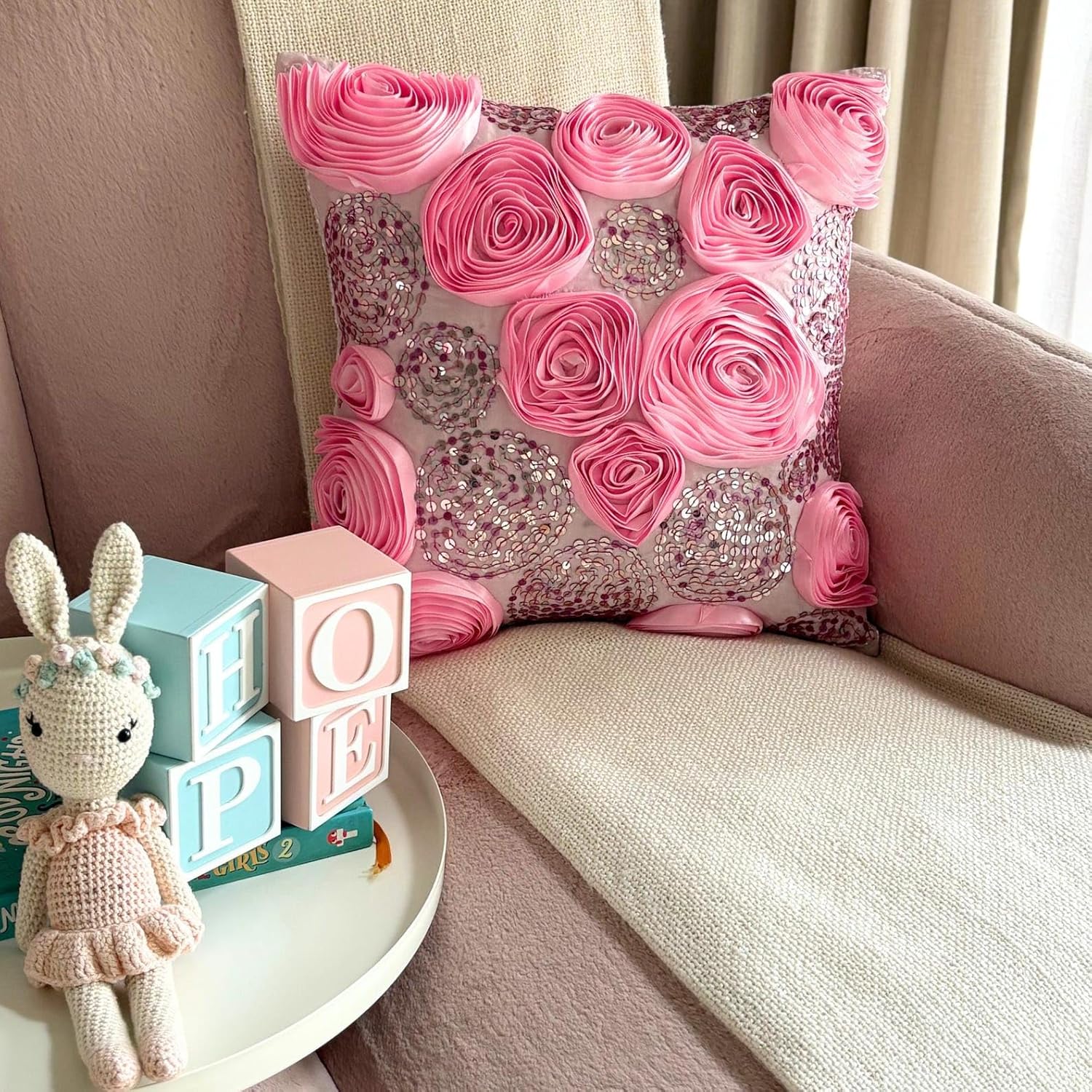 The HomeCentric Cushion Cover, Pink Pillows Cover, Ribbon Pink Rose Flower & Sequins Pillows Cover, 14x14 inch (35x35 cm) Pillows Cover, Square Silk Pillows Covers Couch, Floral - Sweet Kisses