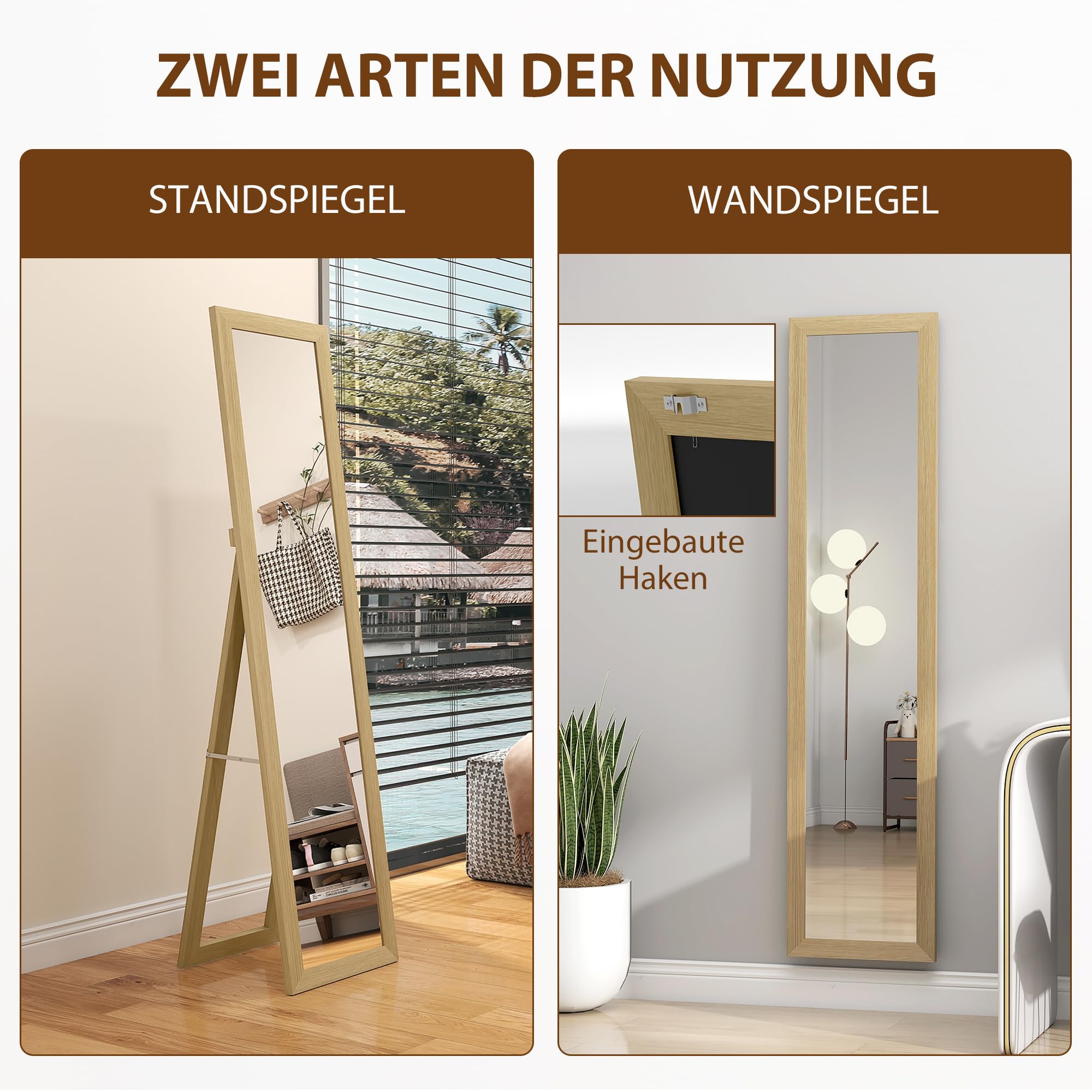 HOMCOM Miroir sur Pied Complet avec Support - Miroir Mural autoportant avec Aspect Bois - Miroir de Dressing - pour Chambre à Coucher, Couloir - Chêne - 37 x 157 cm