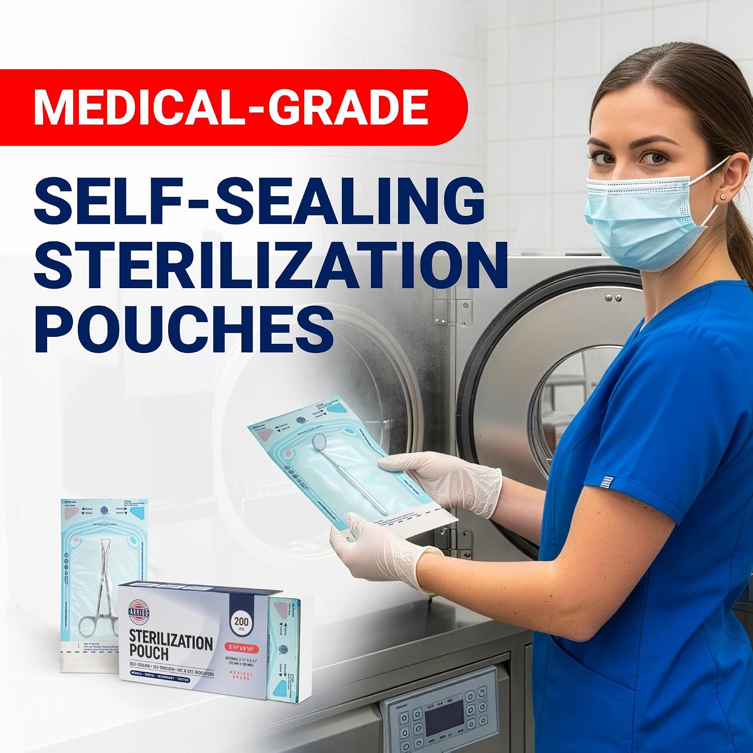 Arrigo Self-Sealing Sterilization Pouches 3.5" x 6.5" – 200 Count – Autoclave Bags with Internal & Dual (Int/Ext) Indicators – Latex-Free, Medical-Grade for Dental, Health & Beauty