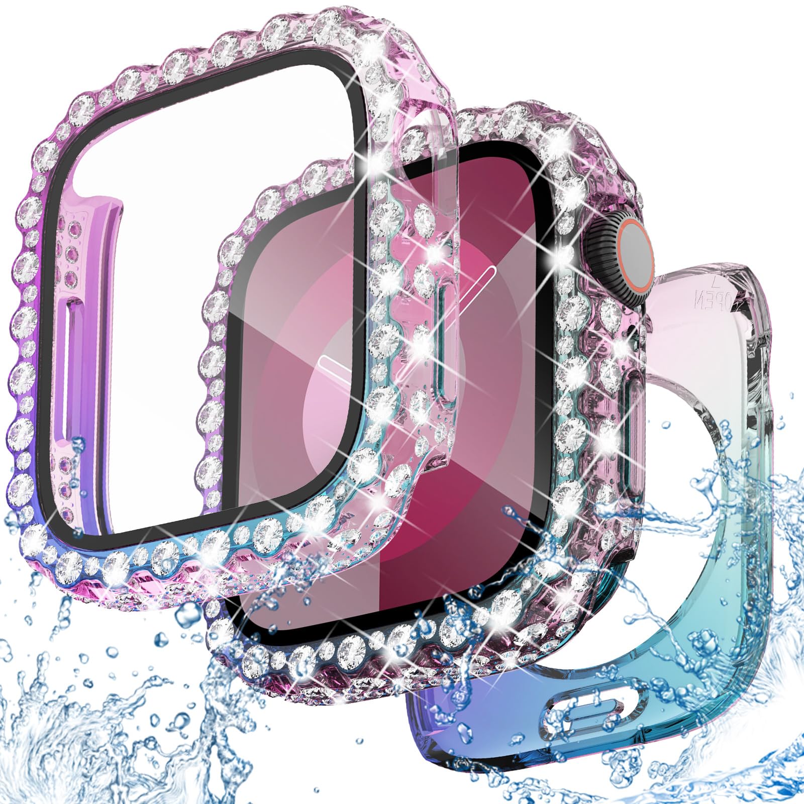 NewWays 2 in 1 Waterproof Bling Case 40mm for Apple Watch Screen Protector SE Series 6 5 4, Lace Full Glitter Diamond Rhinestone Bumper Face Cover for iWatch Women 40 mm, Iridescent