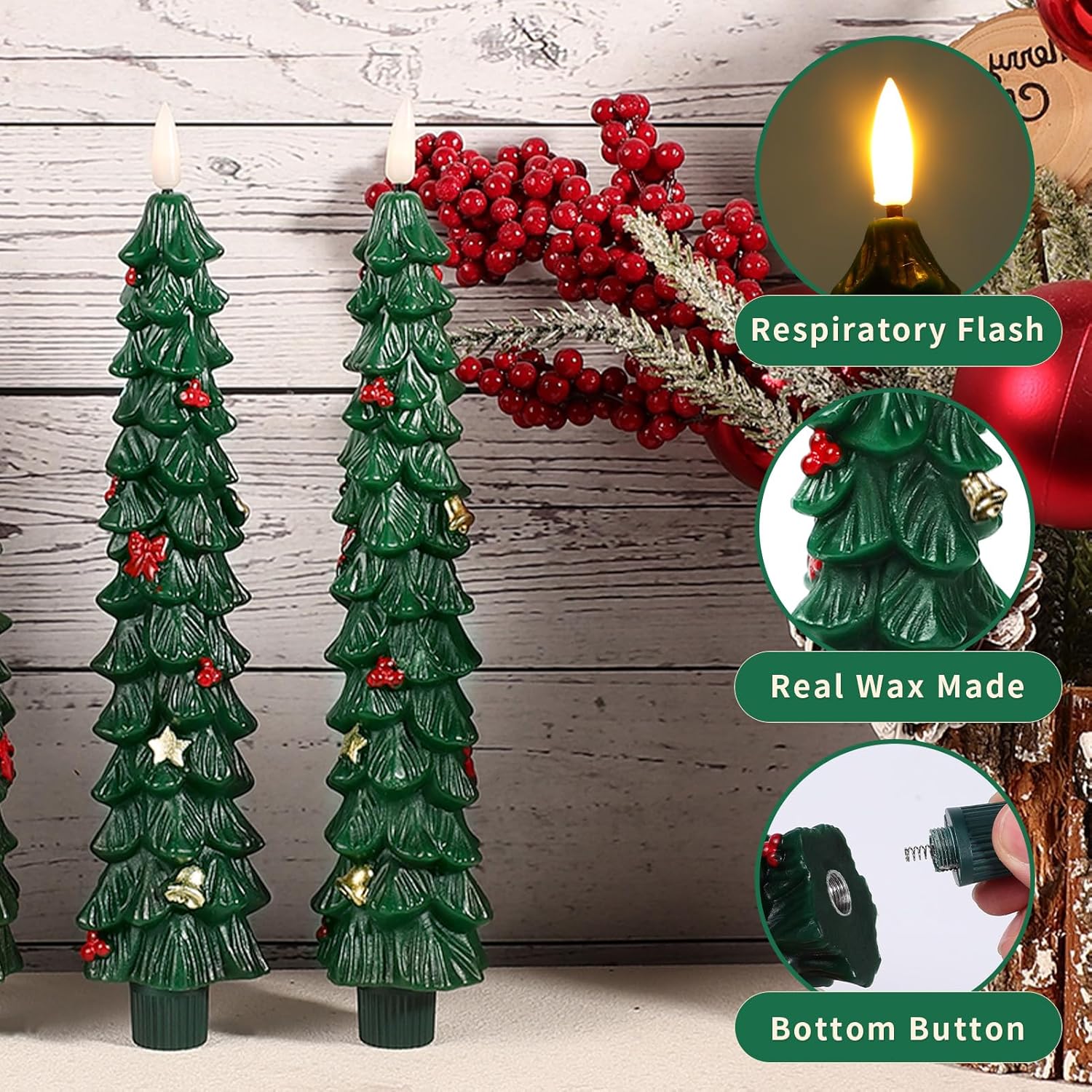 3 Pcs Flameless Taper Candles, Funny Christmas Tree Candles with Remote, Flickering LED Window Candlelights Real Wax Candlesticks for New Year Celebration Holiday Decorations 9.7 Inches