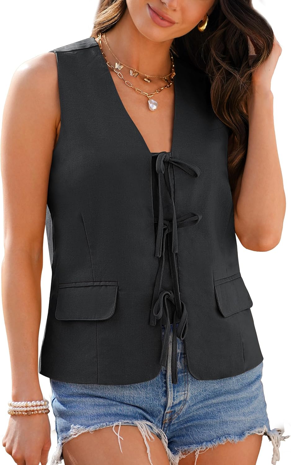 luvamia Linen Vest for Women Trendy Sleeveless Tie Front Tops Summer Casual Top Waistcoat Suit Vests with Pockets