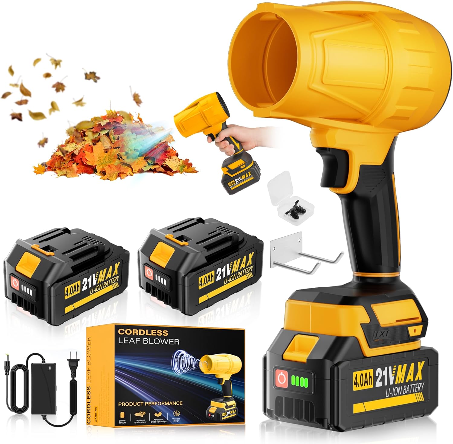 Portable Electric Cordless Leaf Blower – 400000RPM Handheld Blower with 2×4.0Ah Batteries & Charger, Variable Speed Lightweight Air Duster for Snow, Lawn, Patio & Dust Cleaning, Yellow