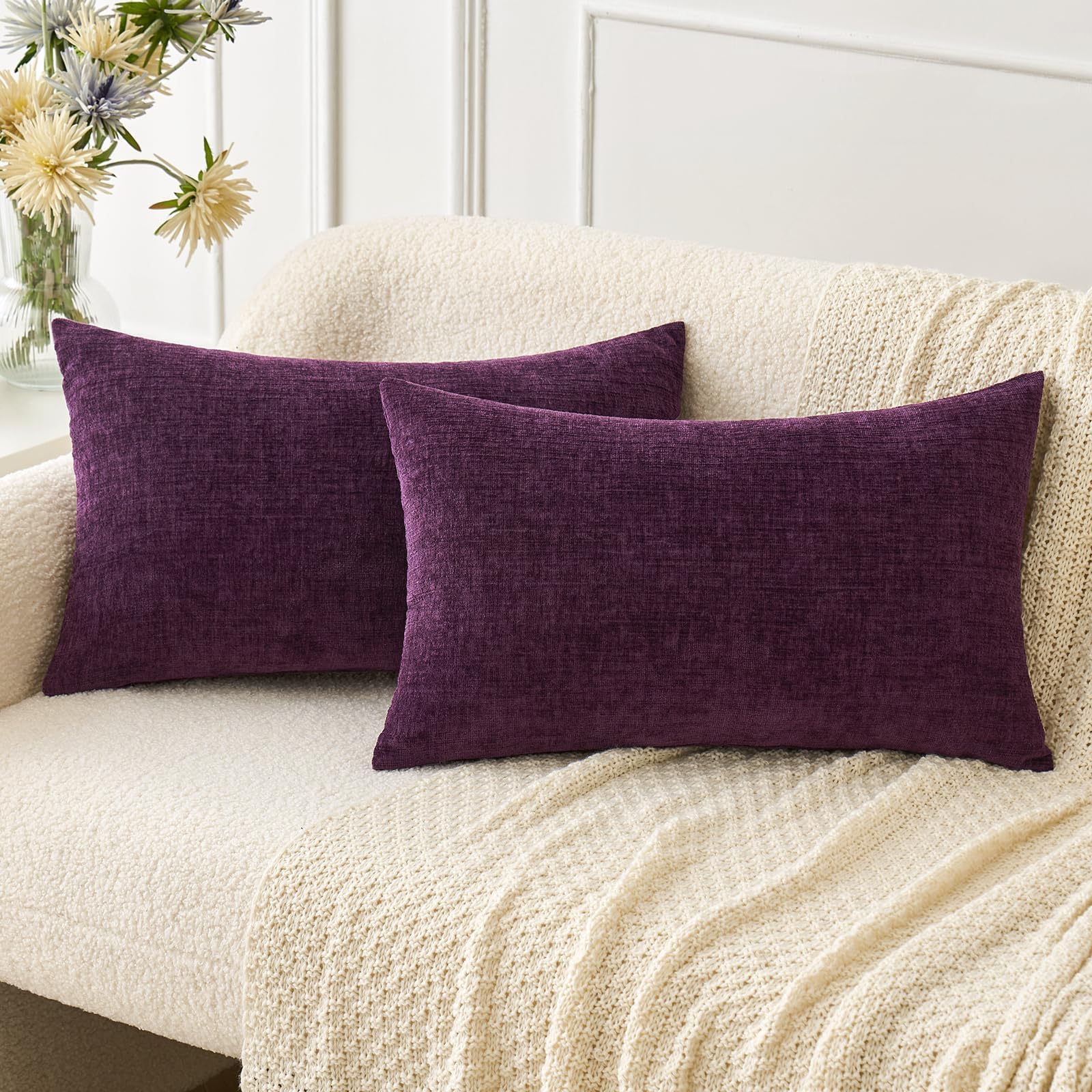 MIULEE Pack of 2 Couch Throw Pillow Covers 12x20 Inch Soft Plum Purple Chenille Lumbar Pillow Covers for Sofa Living Room Solid Dyed Cases