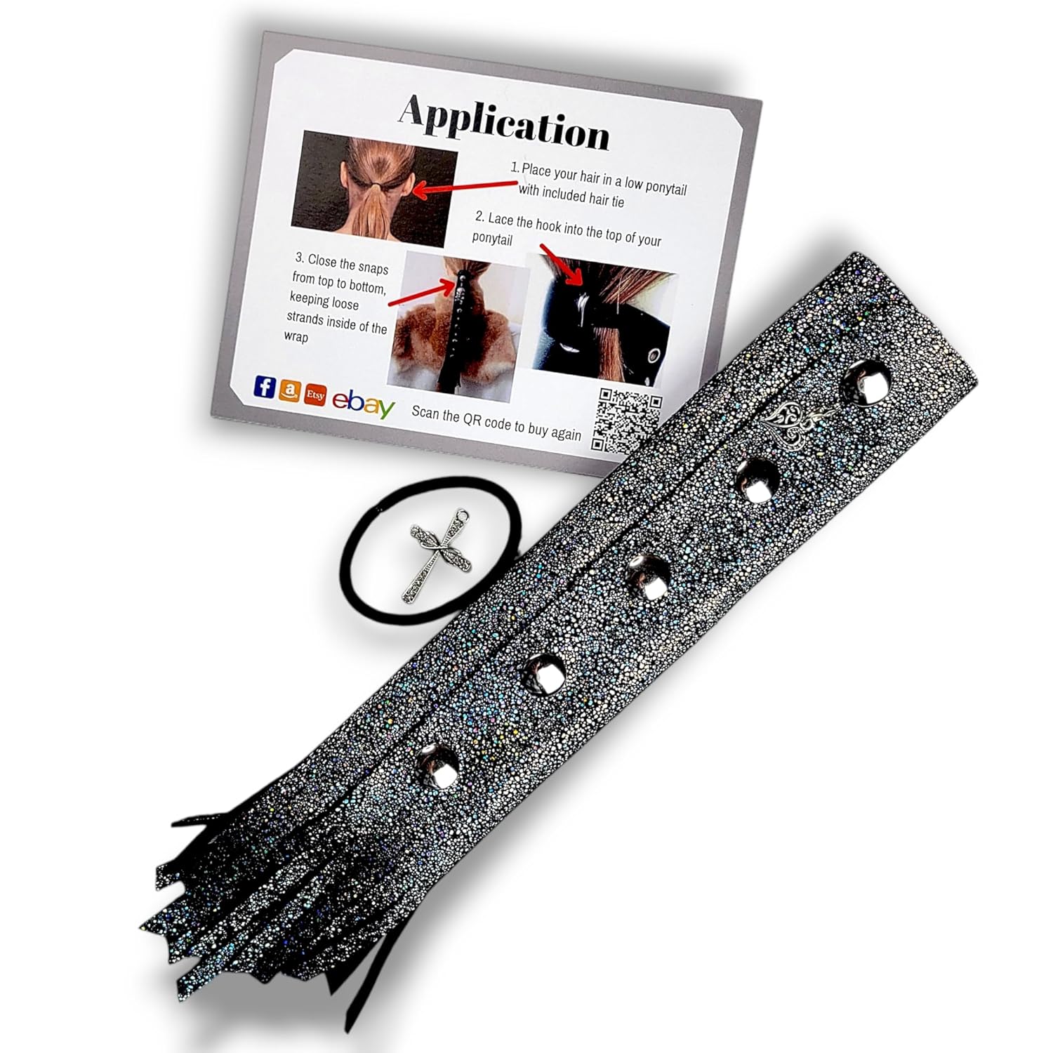 Silver Sparkle motorcycle Leather Hair Wrap 8" Inch - Ponytail protector & Long Hair Protector for Biker Helmet | Bling Motorcycle Accessories for Women with Fringe | Made in USA | Hair Accessory