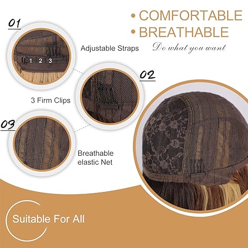 Miniatura 8 de AISI QUEENS Pelucas con flequillo, pelucas de reflejos marrones para mujer, pelucas largas onduladas con raíces oscuras, fibra sintética resistente