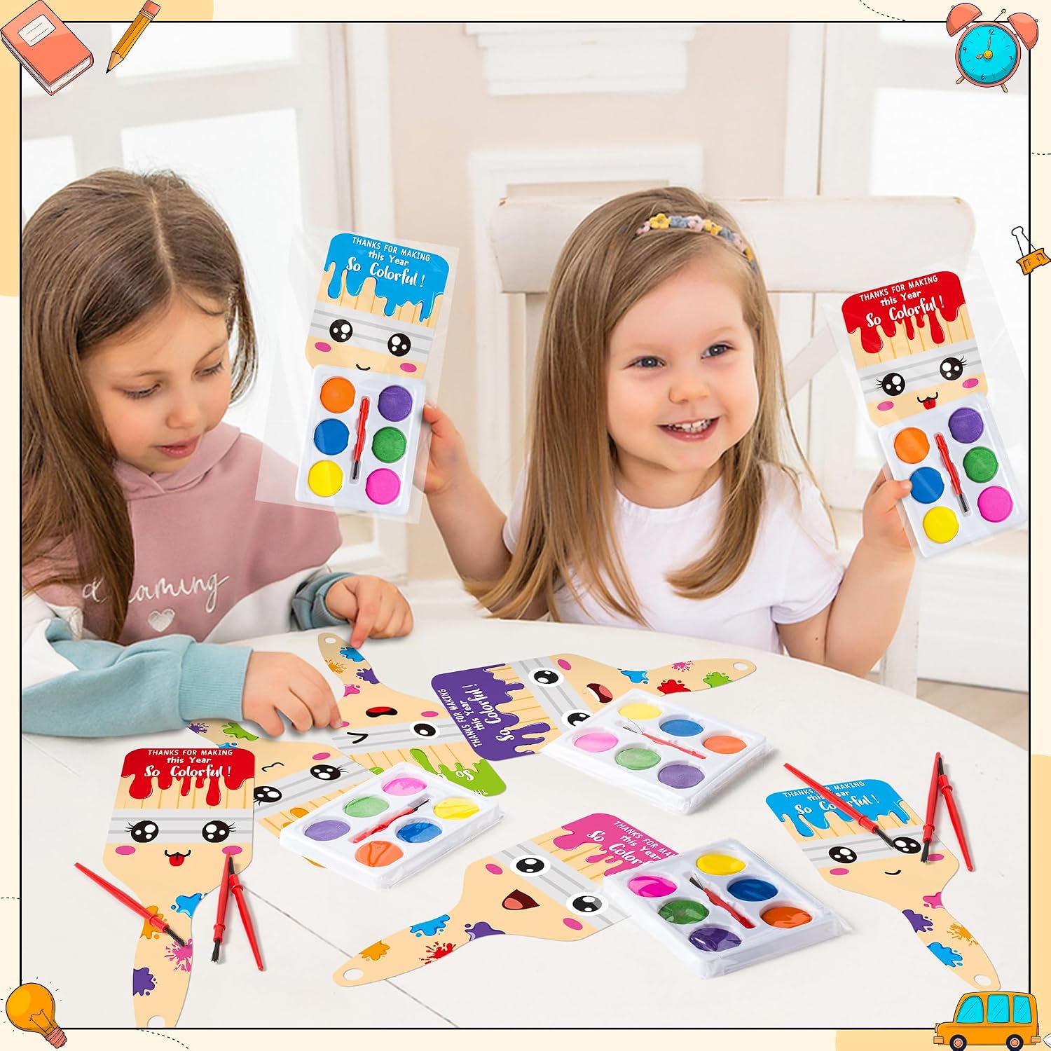 K1tpde 24 Pack DIY End of the School Year Watercolor Paint Bulk Gifts for Student Greeting Card with Water Coloring Exchanges Gift for Kid, Mini Paint Bulk Set for Boy Girl Graduation Party Favors