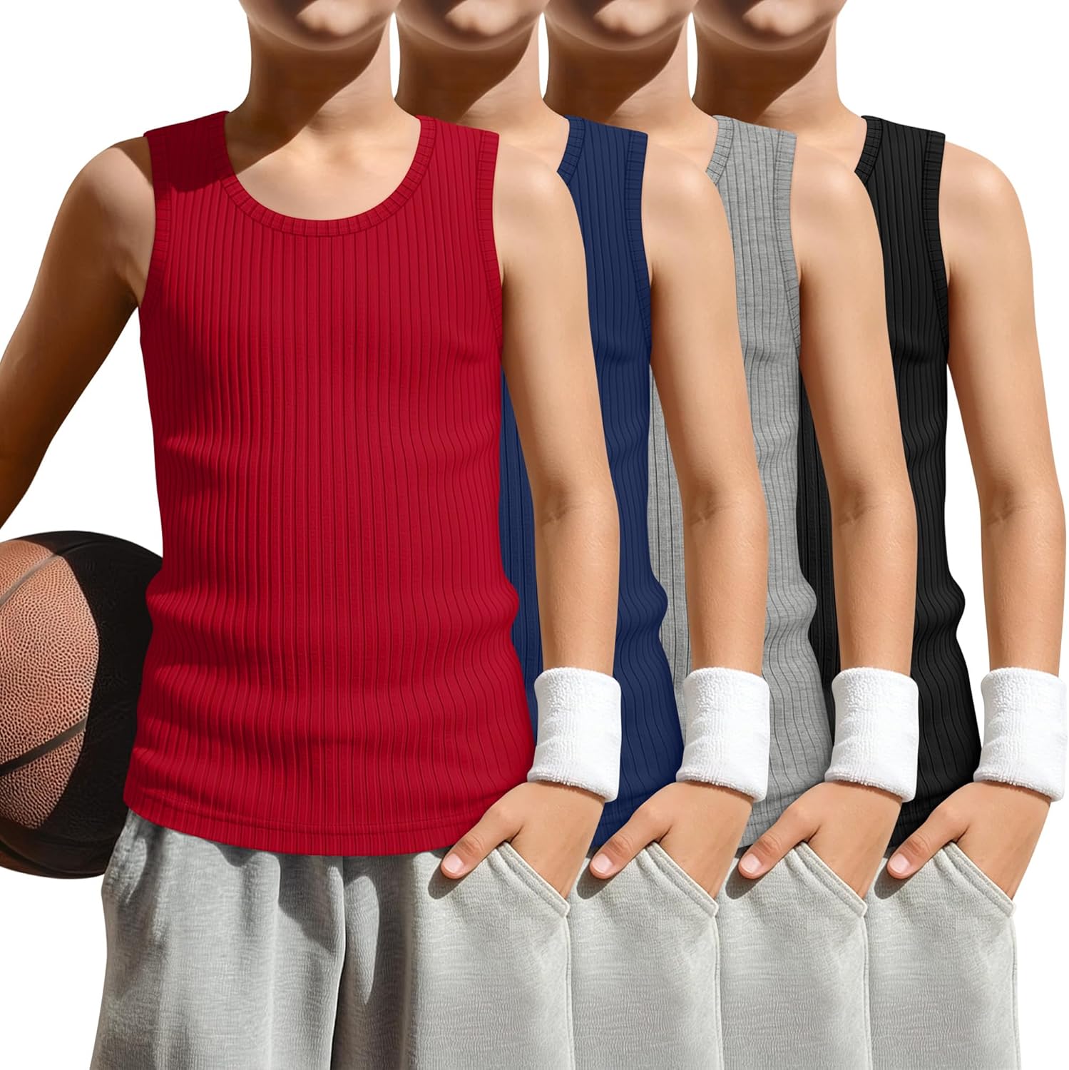 Oakgarden 4 Pack Boys' Tank Tops Ribbed Cotton Sleeveless Shirts Teen Boys Athletic Workout Casual Undershirts Basic Vest