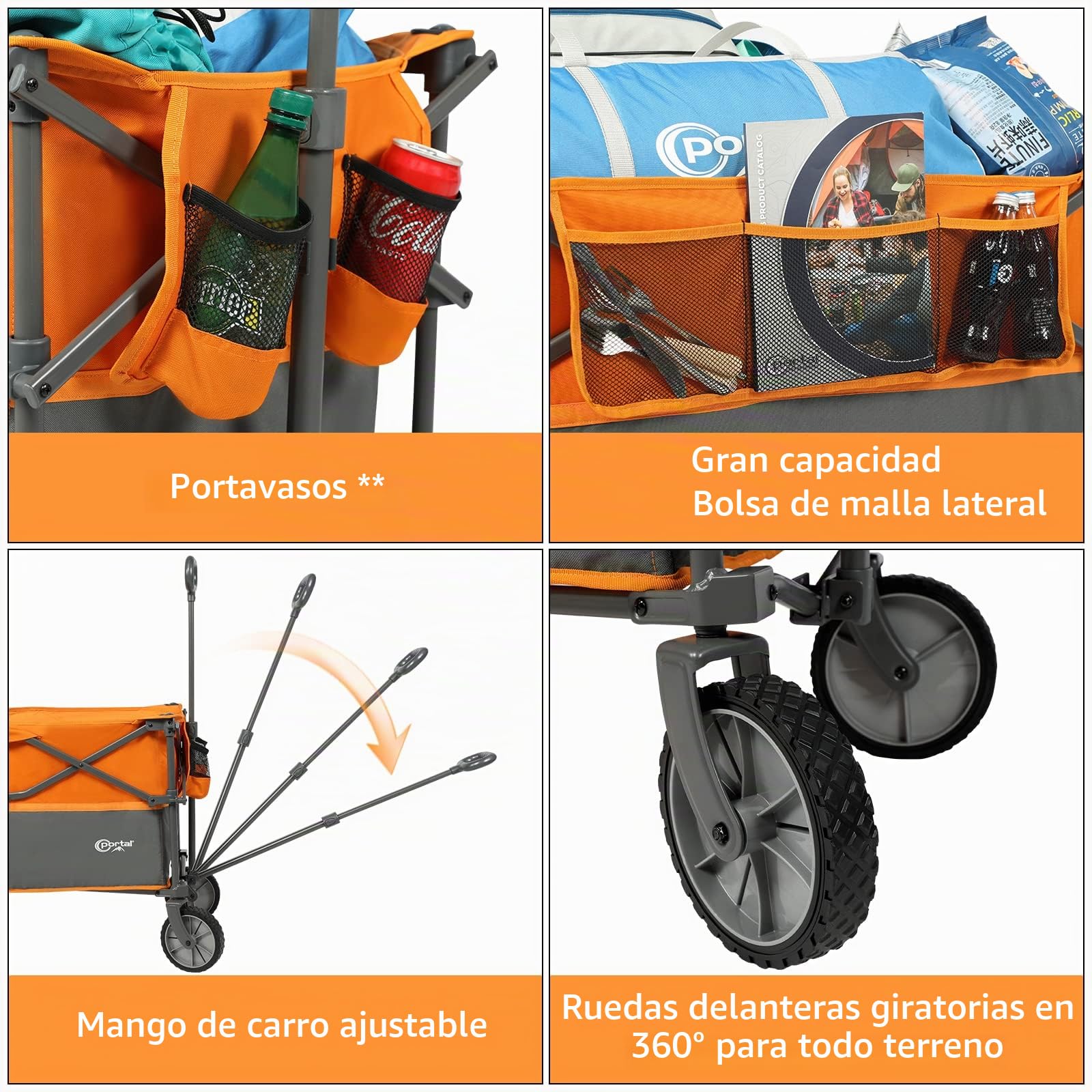 PORTAL Carro de Mano Plegable 228L con Bolsillo Lateral portavasos Carro Plegable Profundo para el jardín de Camping en la Playa