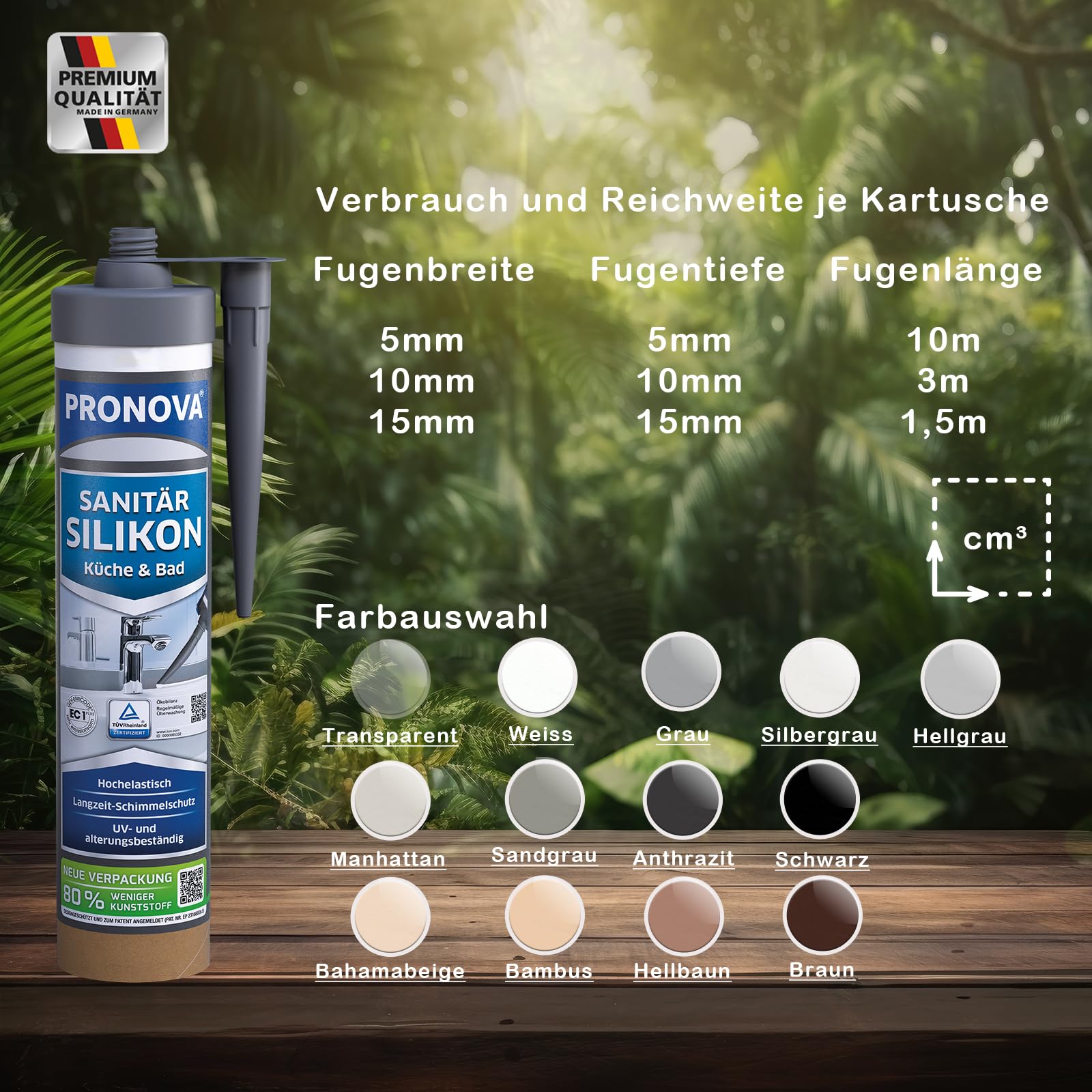 Pronova Premium Sanitär Silikon Weiß Dusche Bad & Küche Dichtmasse für innen & außen Sicher gegen Schimmel umweltfreundliche Kartusche 280ml 6 Stück