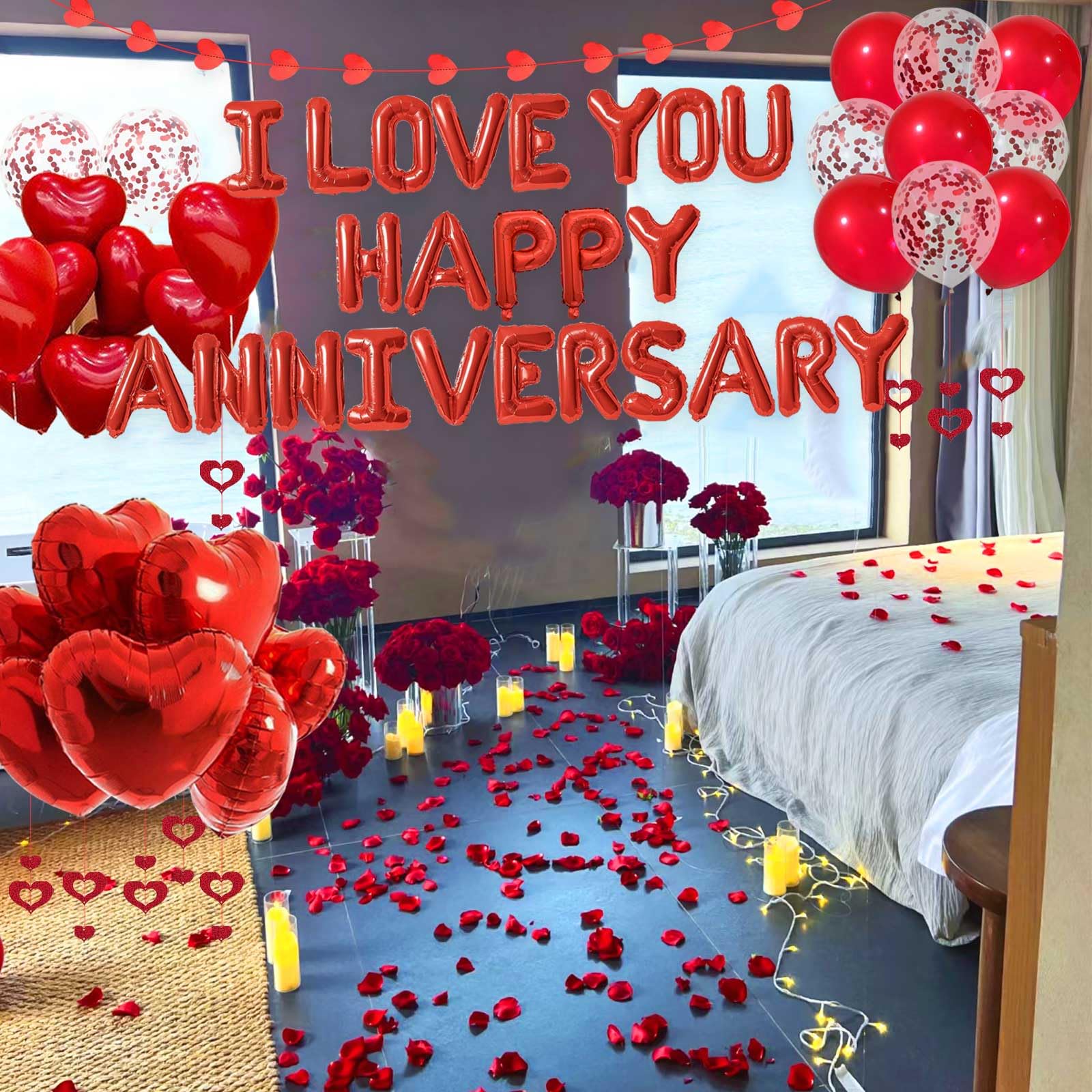 Red Happy Anniversary Decorations I LOVE YOU Letter Balloons - 1200pcs Red Artificial Rose Petals 16" Letter Balloons 18" Heart Foil Balloons Latex balloons heart balloons Hanging Swirls Heart Banner