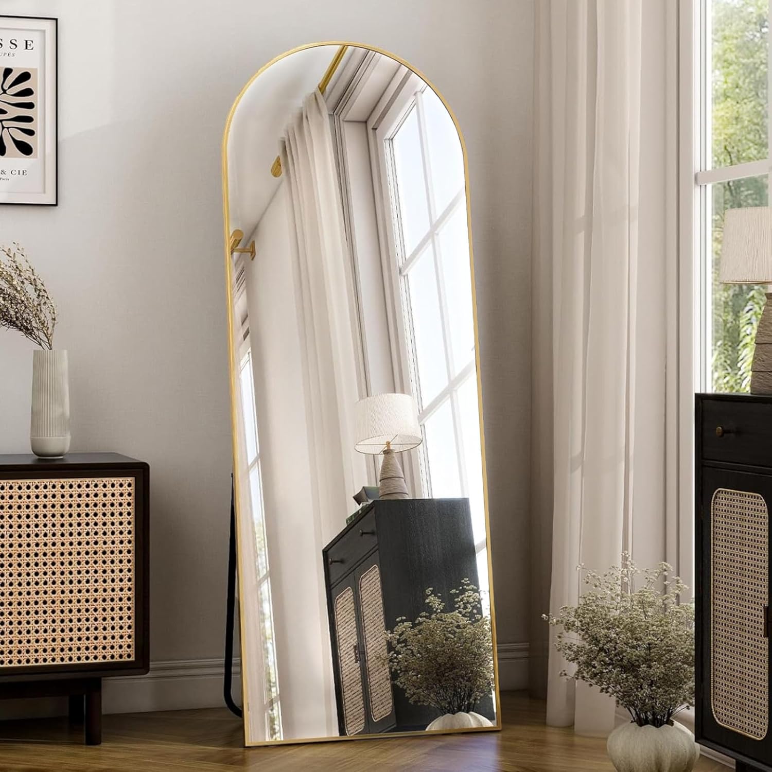 EOGOW 65" x 22" Arched Full Body Mirror,Standing or Leaning Tempered Glass Shatterproof Full Length Mirror with Stand for Bedroom Living Room Entryway,Gold