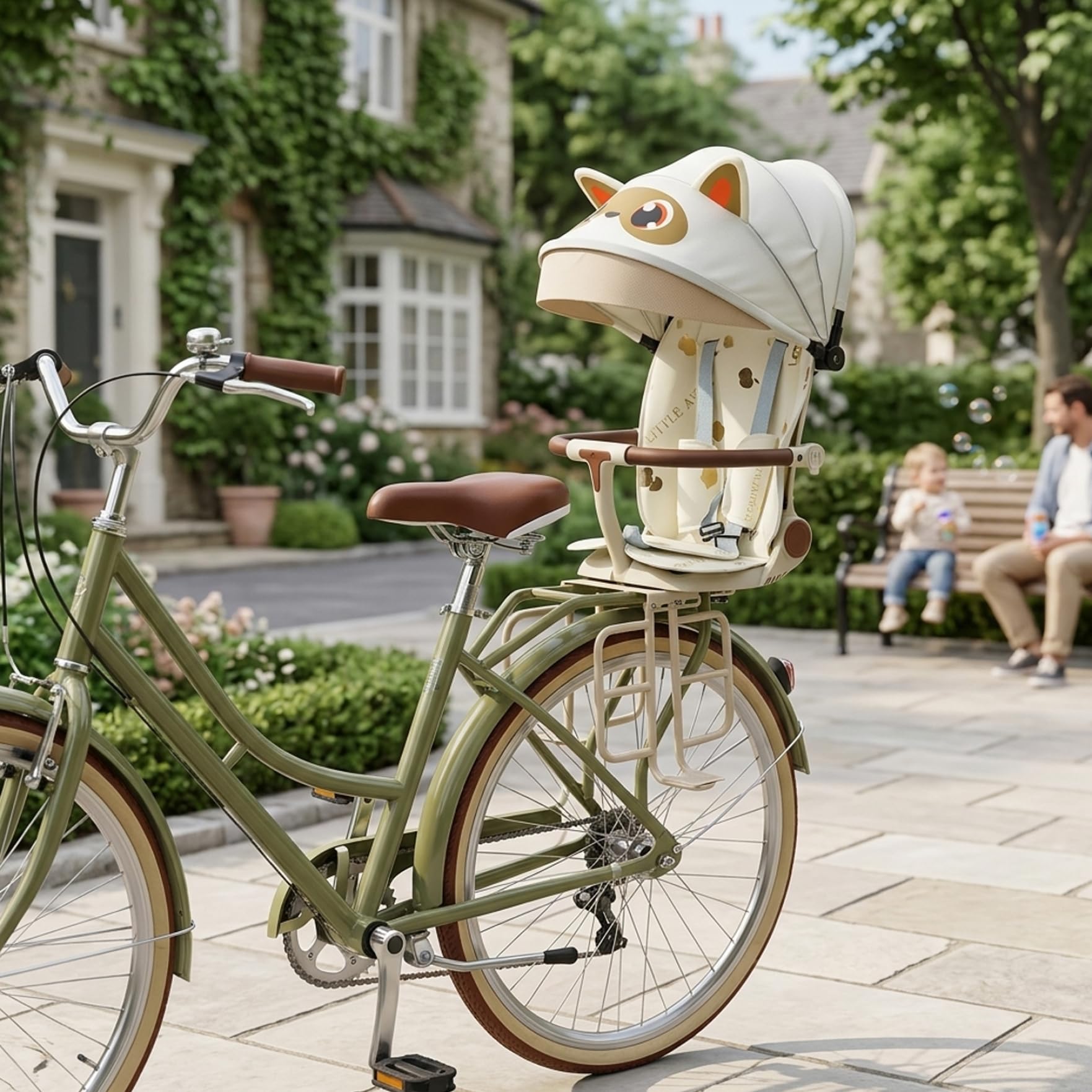 Asiento Trasero para Bicicleta para niños pequeños Safe & Comfort con diseño Plegable reclinable Ajustable para un fácil Almacenamiento - Beige