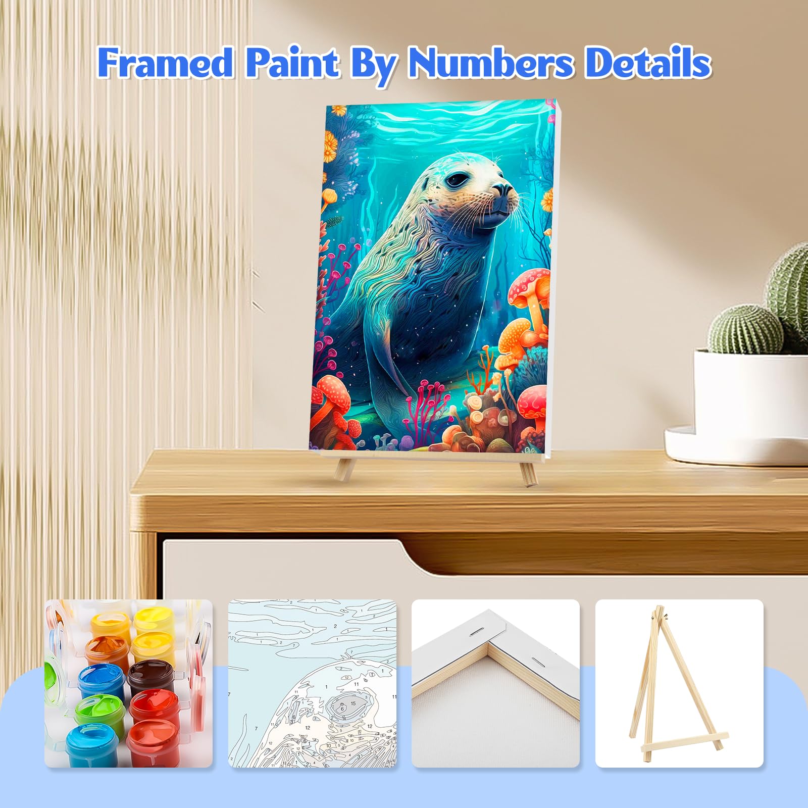 NAIMOER 4 Pezzi Animale Marino Dipingere con i Numeri Adulti Bambini con Cornice Detentore, Tartarughe Marine Squali Paint by Numbers Decorazione Regalo 20x30cm