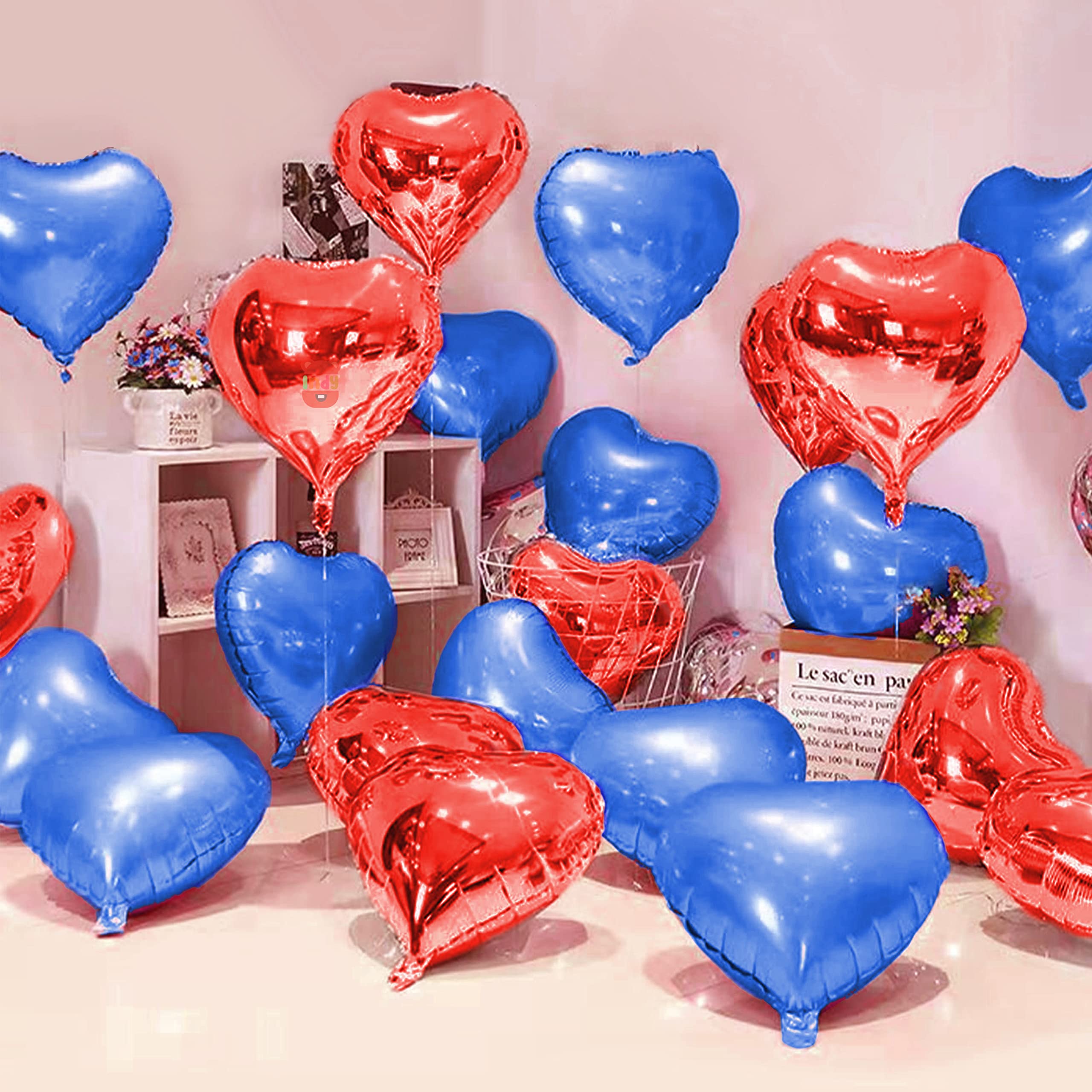 Just Party 5 Pcs Red & Blue 18 Inch Heart Shape Foil Balloons with Shiny Surface For Birthdays/Anniversary/Engagement/Baby Shower/bachelorette Party Decorations (Satin Roll & Straw Included)