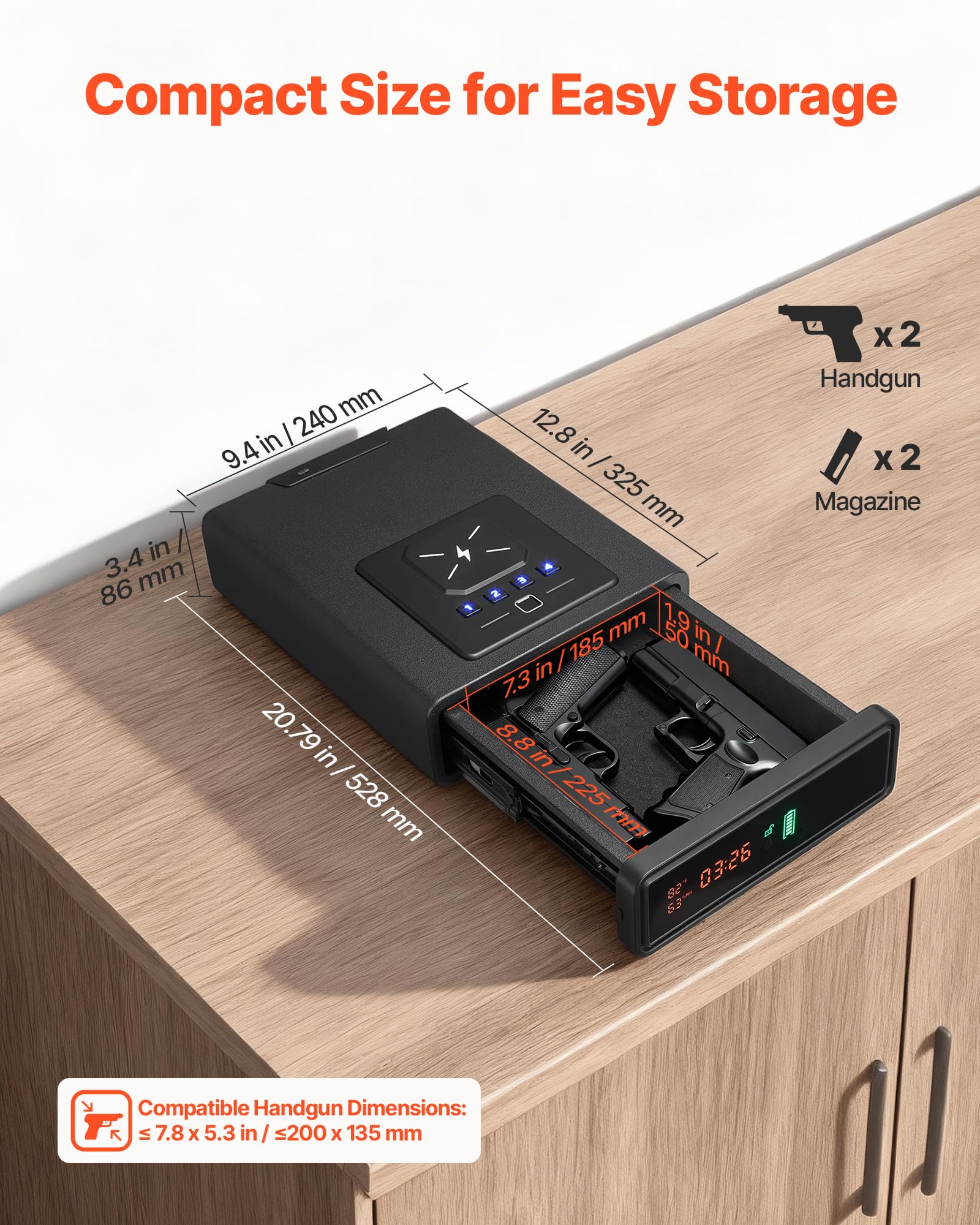 VEVOR Caja Fuerte para Pistolas, Huella Dactilar, Contraseña, Llave, Cajón de Acceso Rápido 3 Vías, Carga Inalámbrica