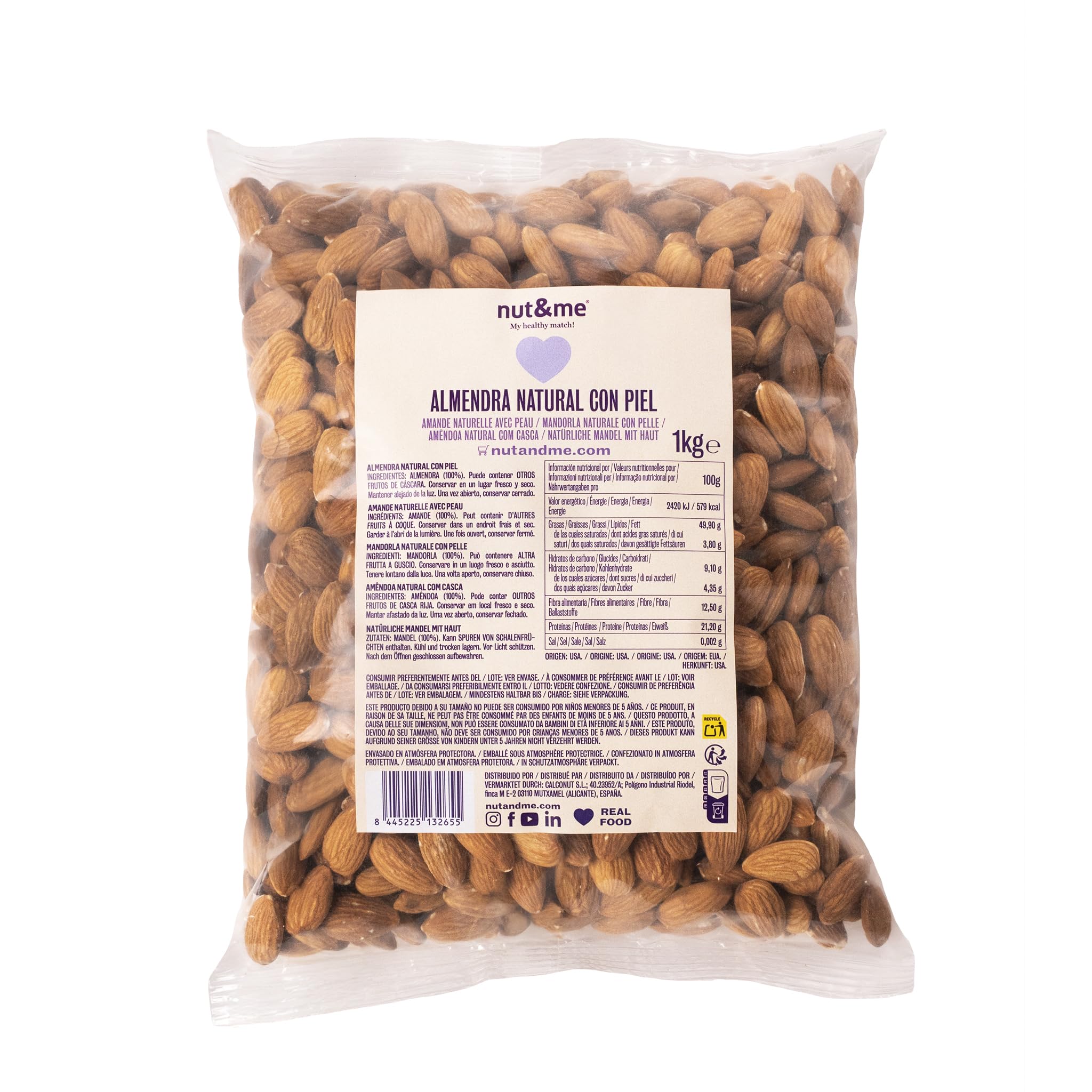 Almendras crudas con piel 1 kg nut&me | almendras naturales | Fuente de proteínas | Alto contenido en fibra | Sin gluten |