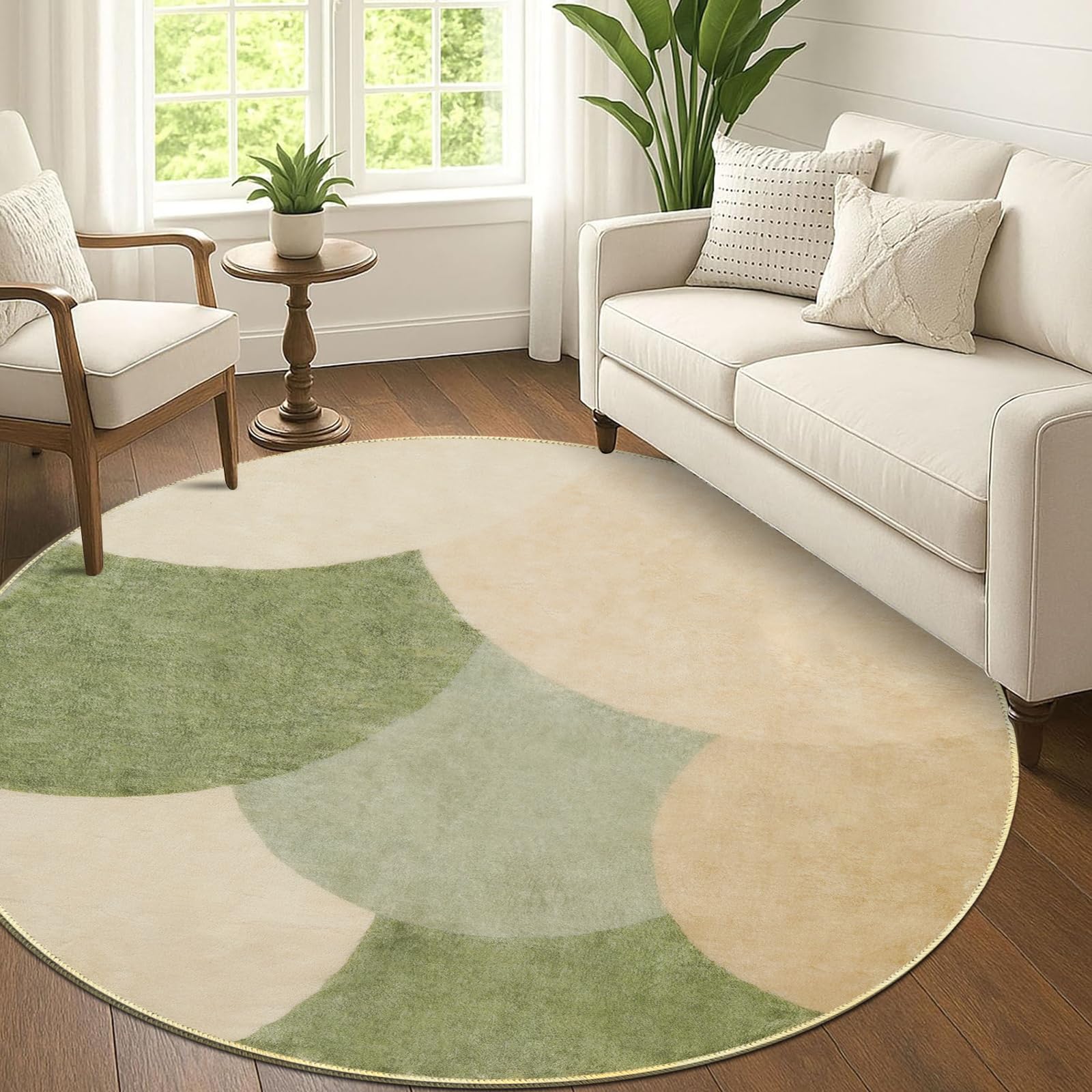 Runder Teppich 160cm Grün Beige Modern, Halbkreis Muster Flauschig Kurzflor, Antirutsch Wohnzimmer Teppich Waschbar Weich Kuschel