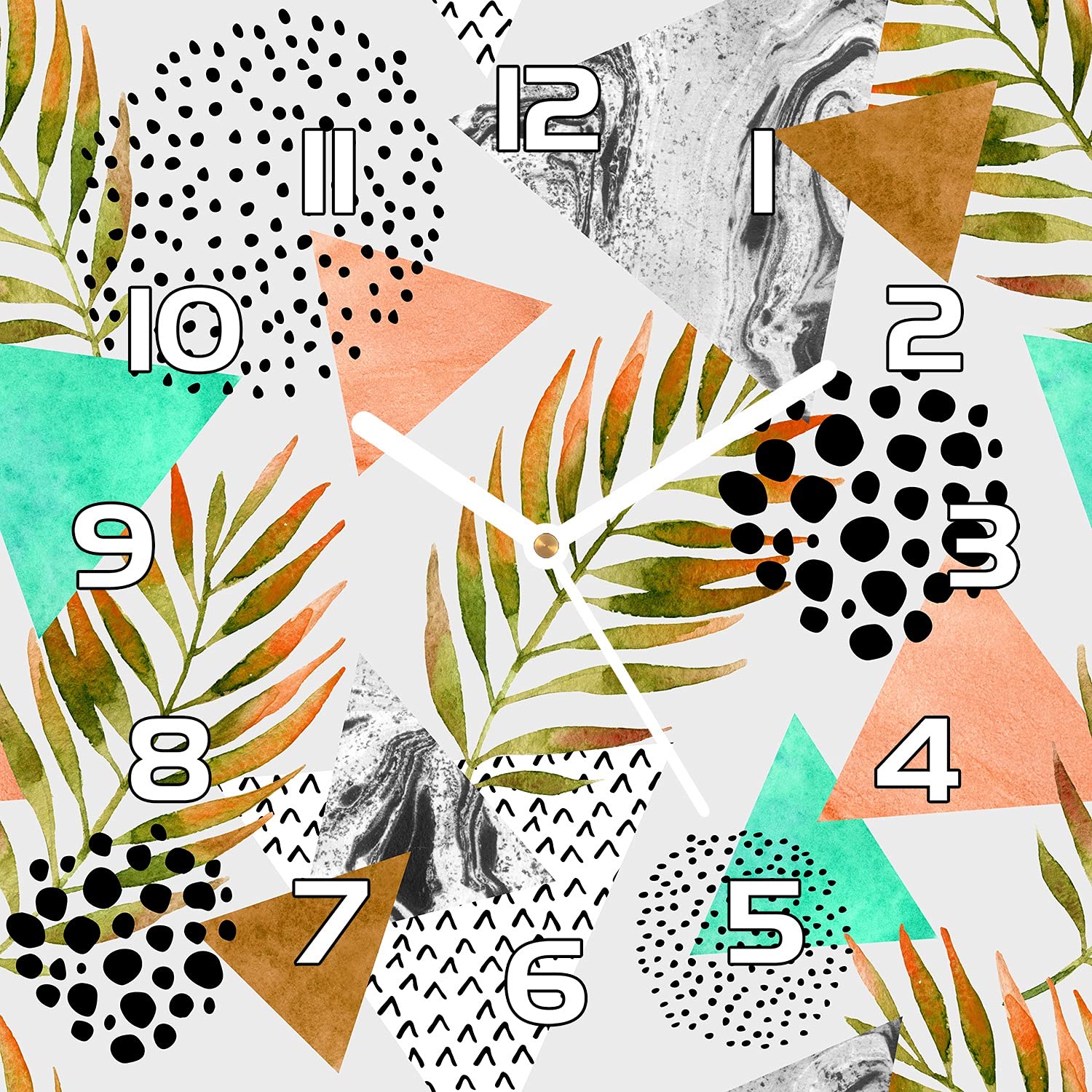 Horloge en verre 30x30 cm Abstract Tropic Dotsleaves murale aiguilles blanches