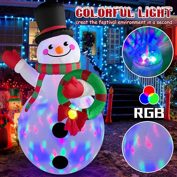 Danxilu 6 FT Christmas Inflatable Snowman with Colorful Rotating LED Lights | Xmas Blow Up Snowman Outdoor Decorations with Wreath, Ideal for Garden, Yard, House, Indoor, Lawn and Porch