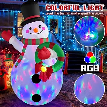 Danxilu 6 FT Christmas Inflatable Snowman with Colorful Rotating LED Lights | Xmas Blow Up Snowman Outdoor Decorations with Wreath, Ideal for Garden, Yard, House, Indoor, Lawn and Porch